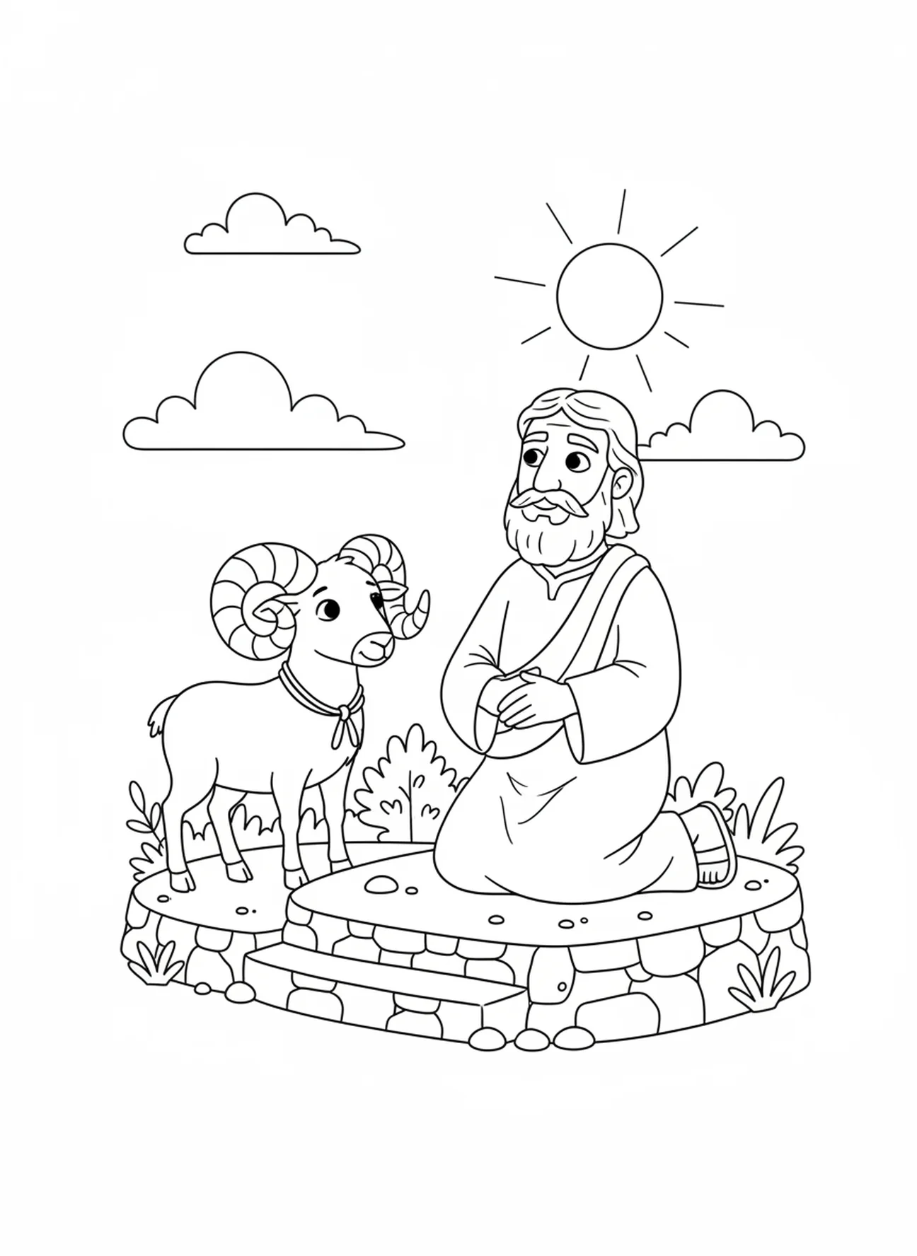 Abraham preparing a ram sacrifice, Abraham coloring page for kids age 5-10