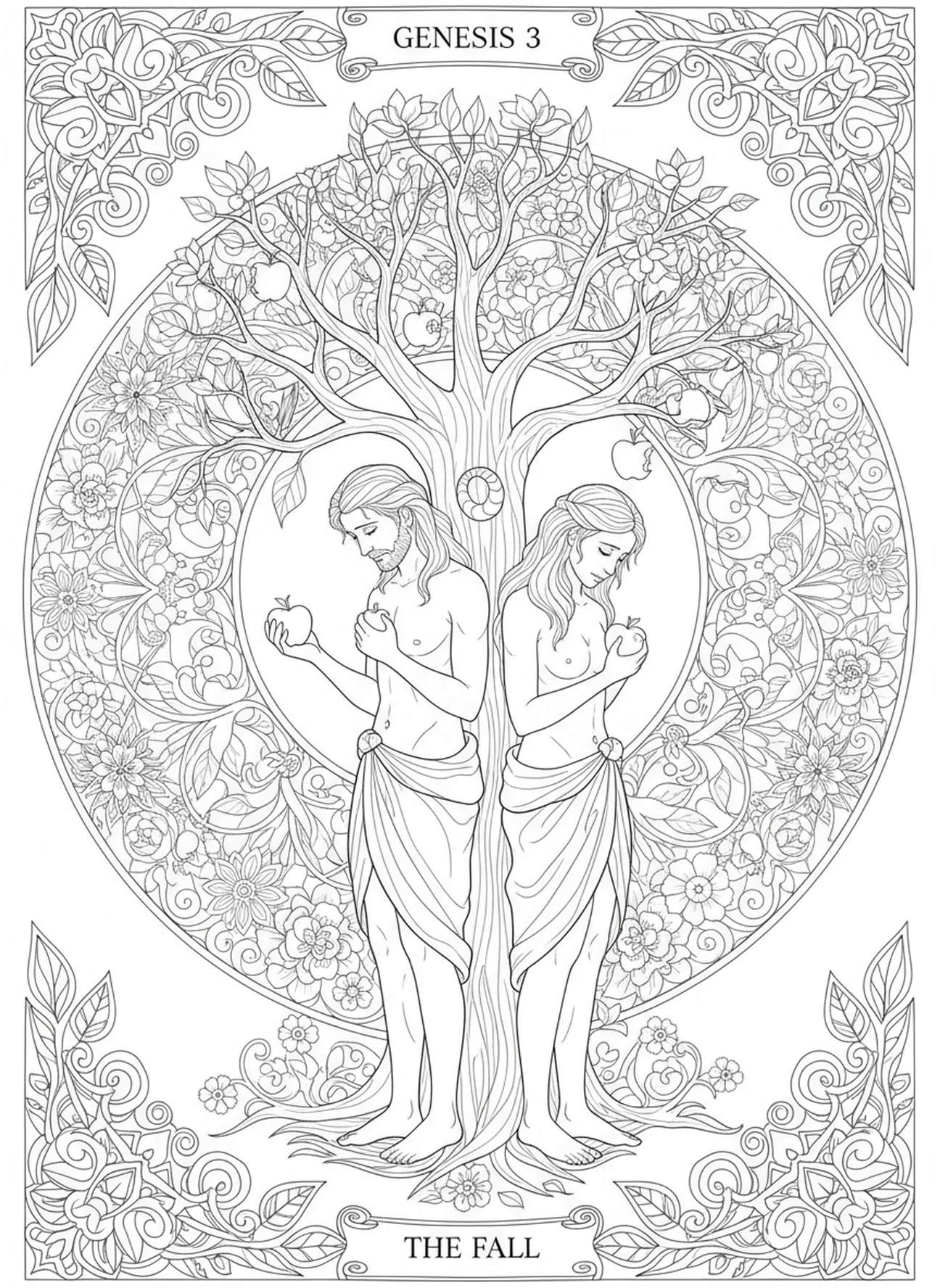 Adam and Eve's disobedience, Adam And Eve coloring page for adults Bible journaling style