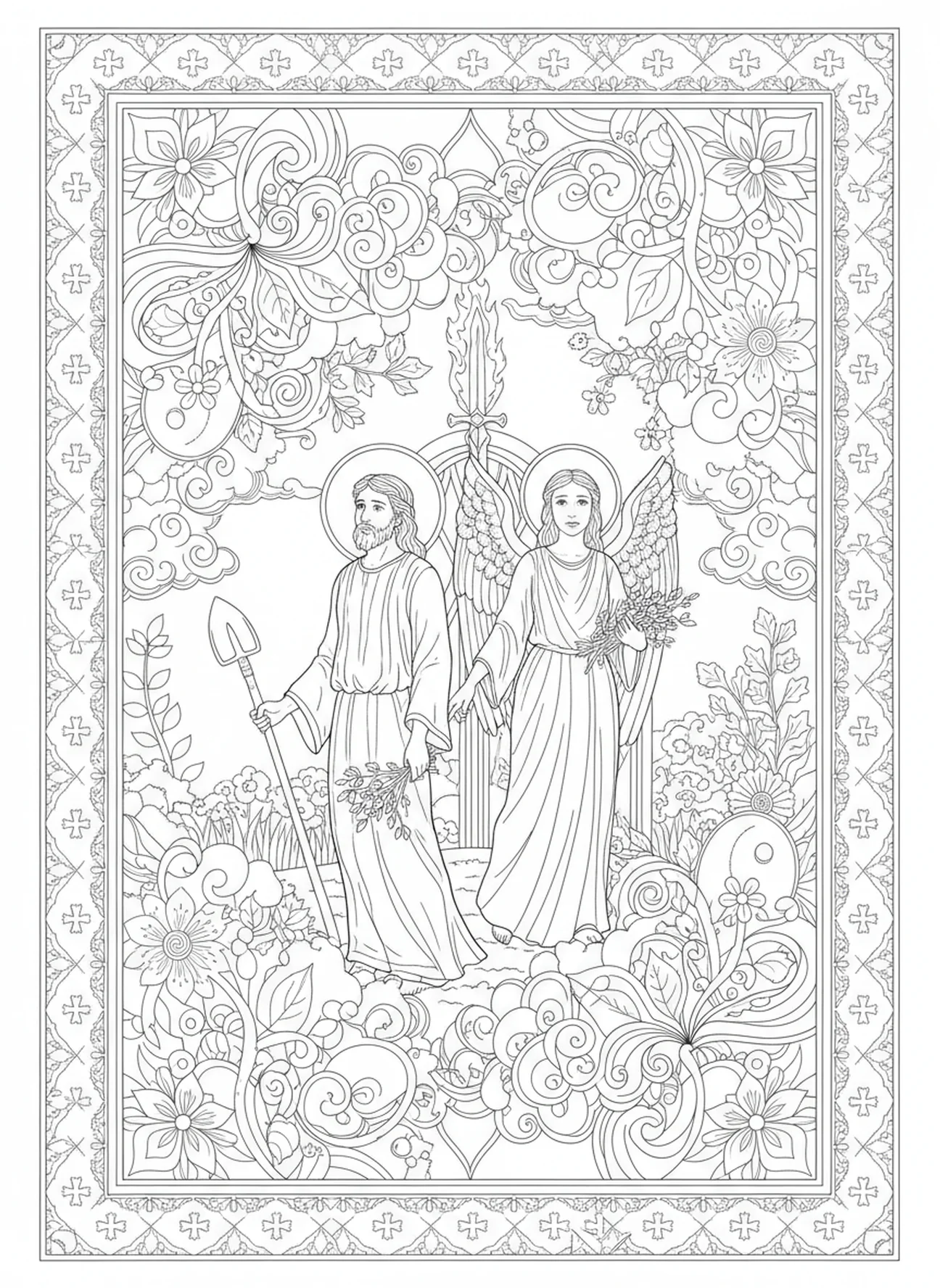 Expulsion from the Garden, Adam And Eve coloring page for adults Bible journaling style