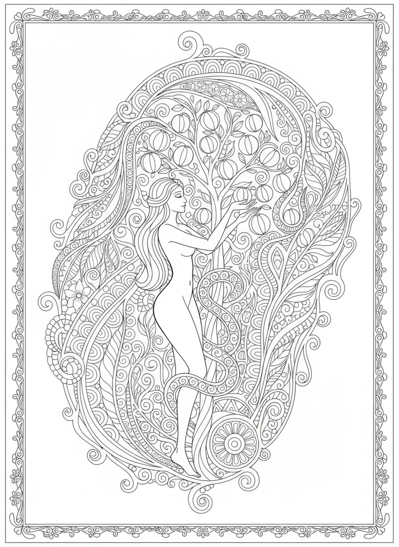 Eve reaching for fruit, Adam And Eve coloring page for adults Bible journaling style