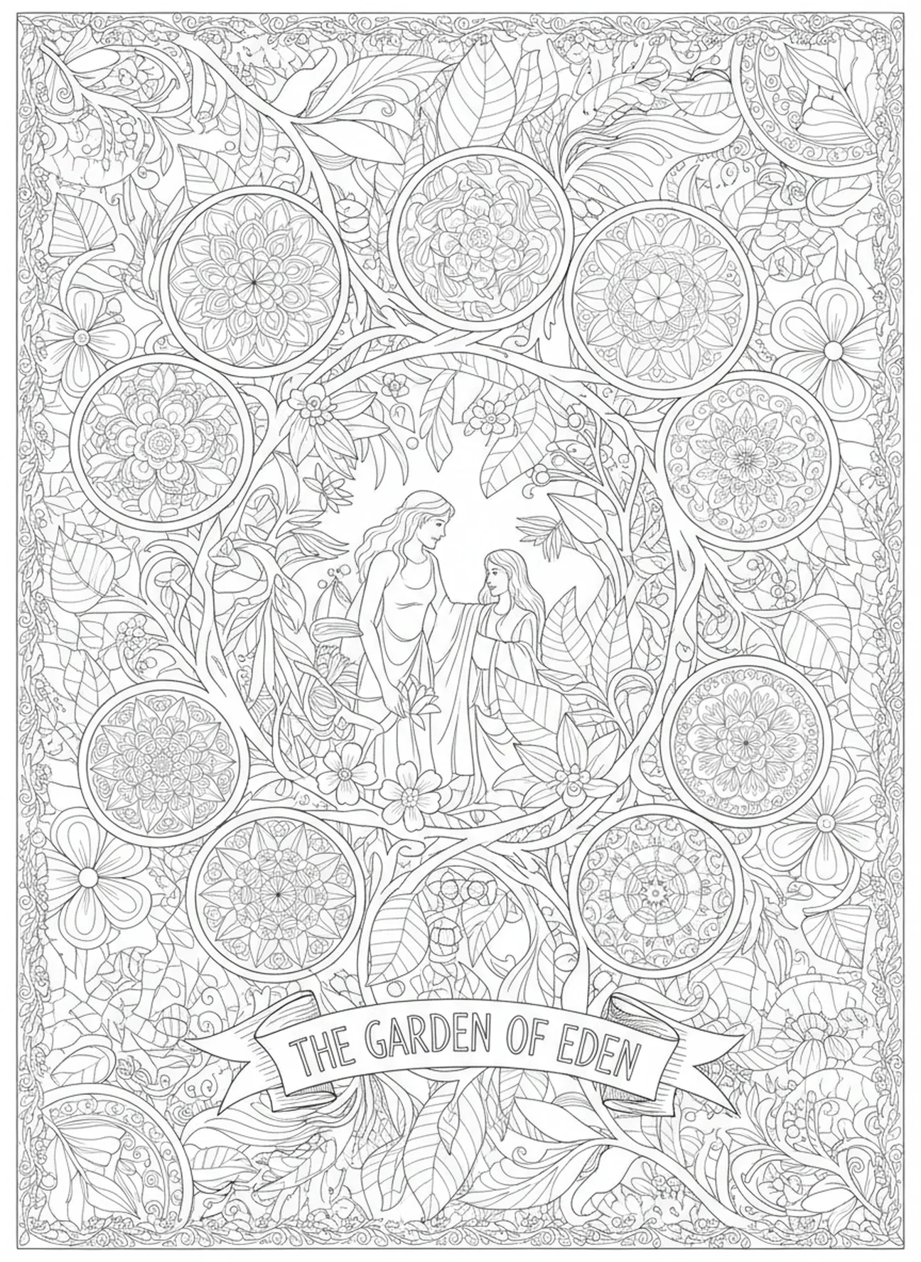 Garden of Eden exploration, Adam And Eve coloring page for adults Bible journaling style