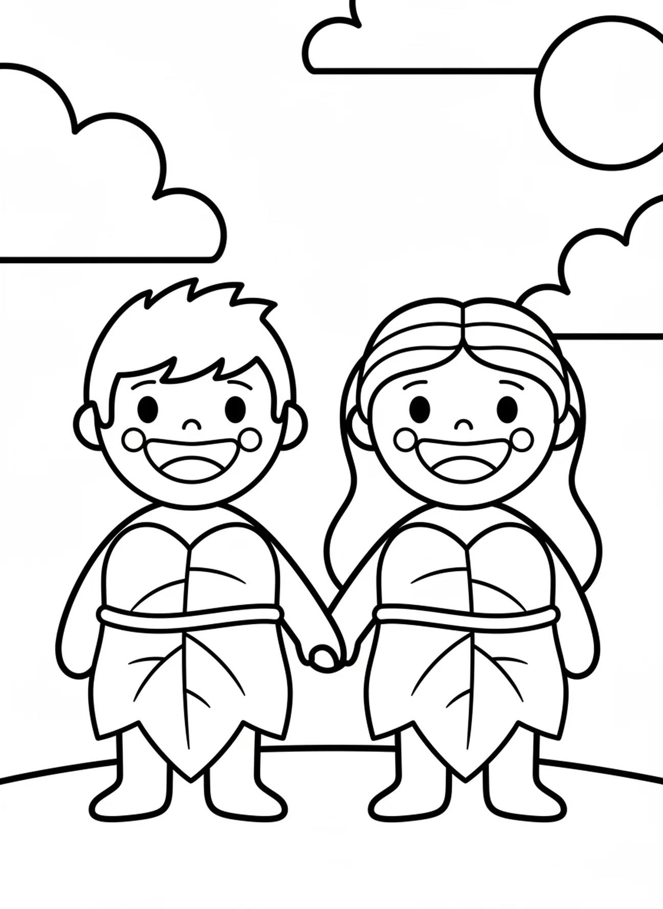 Adam und Eva mit Blättern, Ausmalbild von Adam und Eva für Vorschulkinder im Alter von 3-5 Jahren