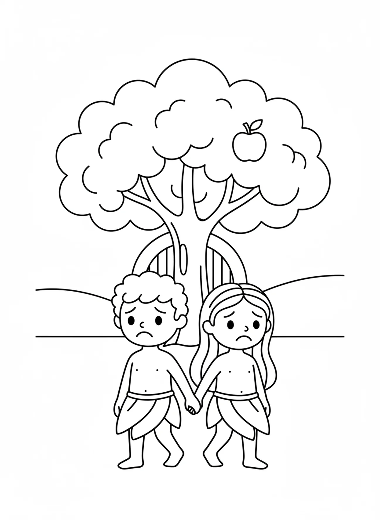 Adam und Eva, die den Garten verlassen, Malvorlage für Vorschulkinder im Alter von 3-5 Jahren