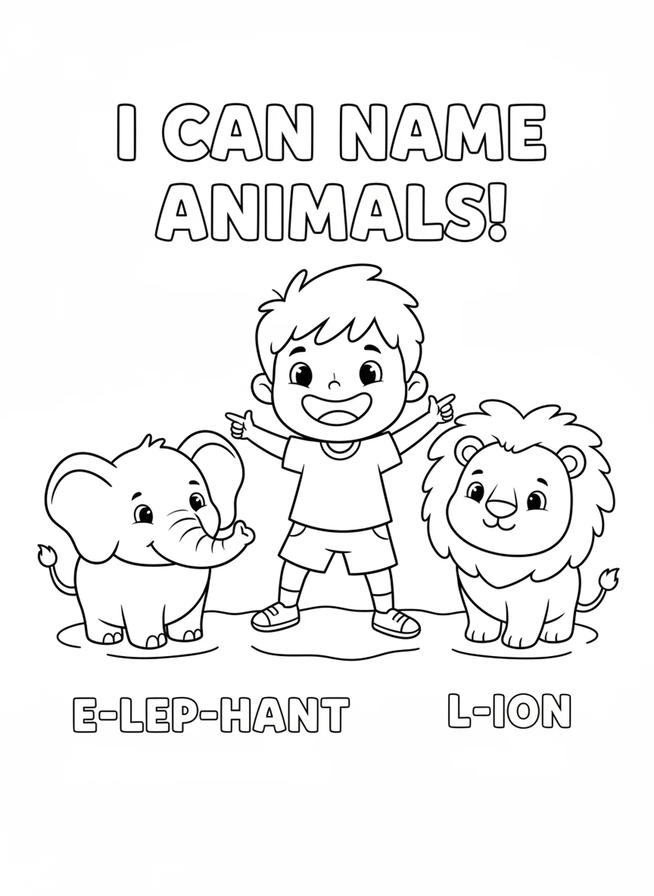 Adam benennt Cartoon-Tiere, Ausmalbild von Adam und Eva für Vorschulkinder im Alter von 3-5 Jahren