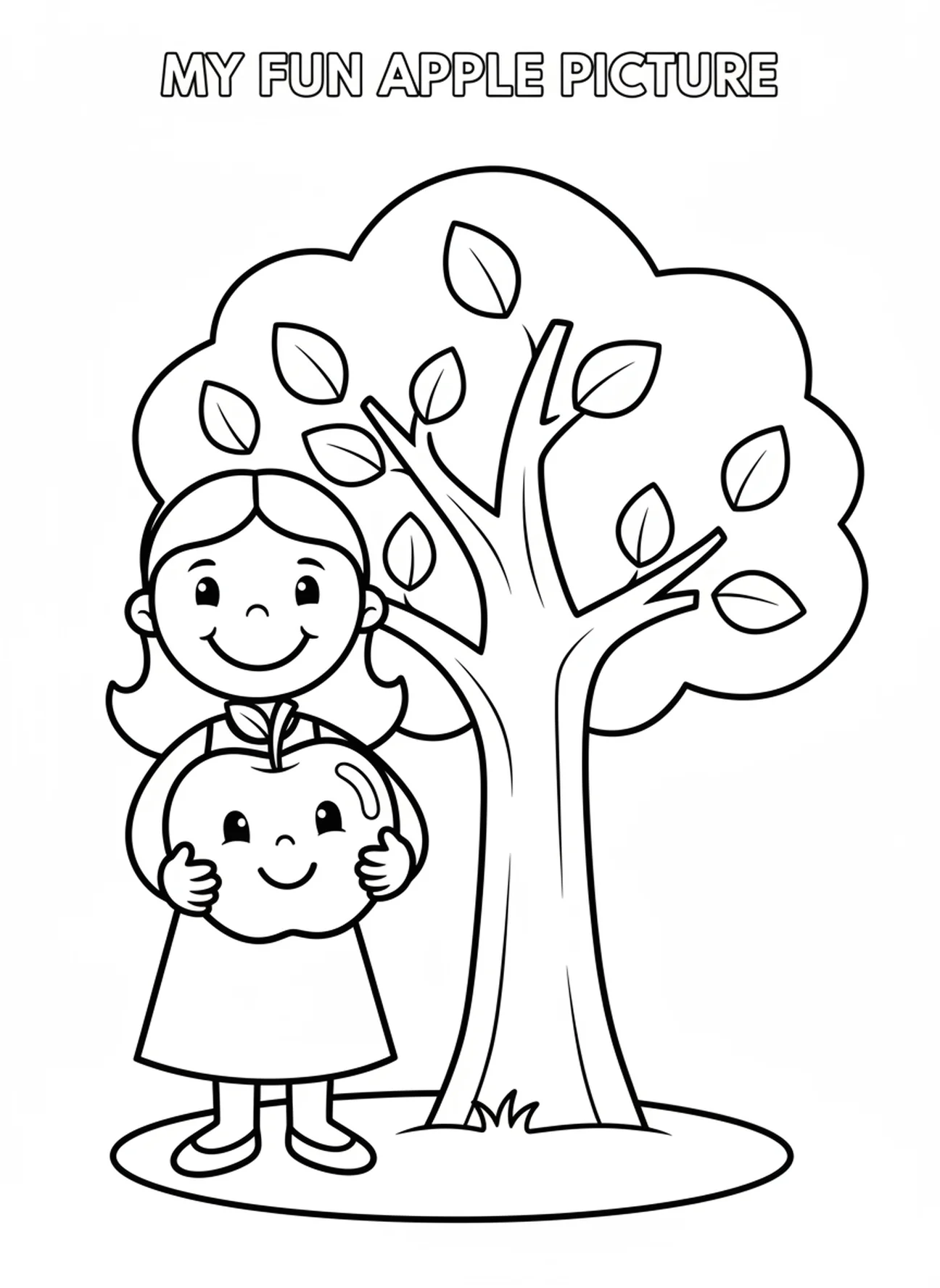 Eva hält einen großen Apfel, Ausmalbild von Adam und Eva für Vorschulkinder im Alter von 3-5 Jahren