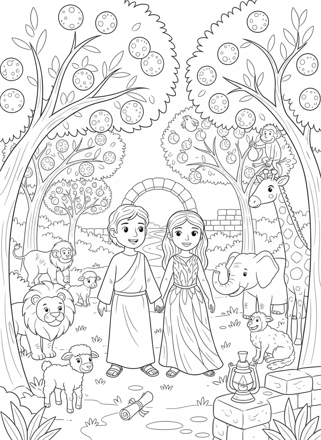 Adam and Eve exploring, Adam And Eve coloring page for Sunday school children age 5-12.