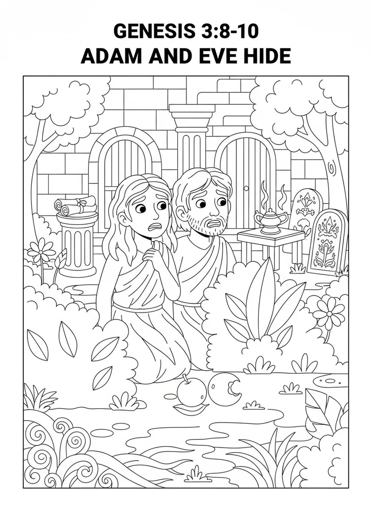 Adam and Eve hiding, Adam And Eve coloring page for Sunday school children age 5-12.