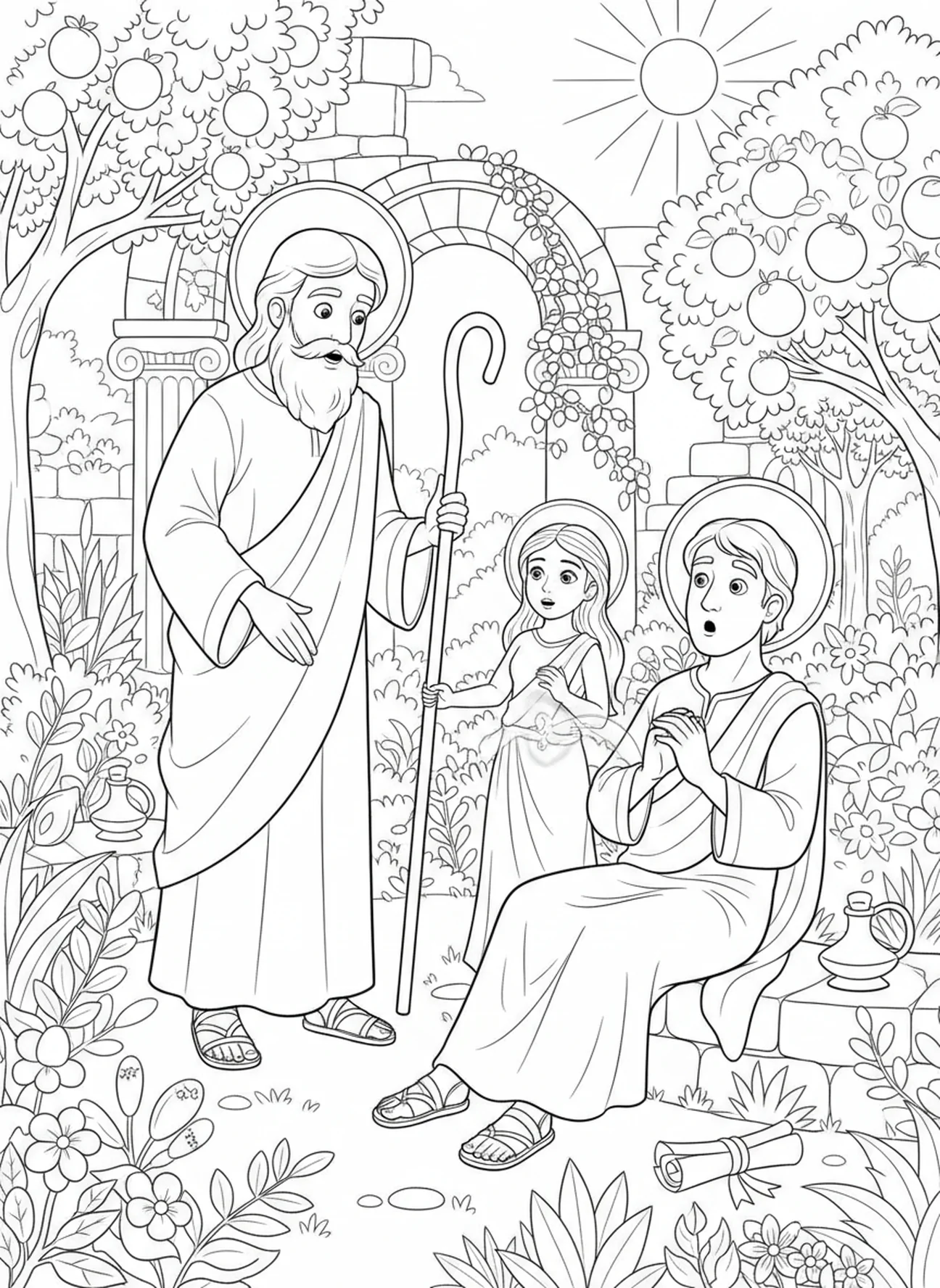 God creating Eve, Adam And Eve coloring page for Sunday school children age 5-12.