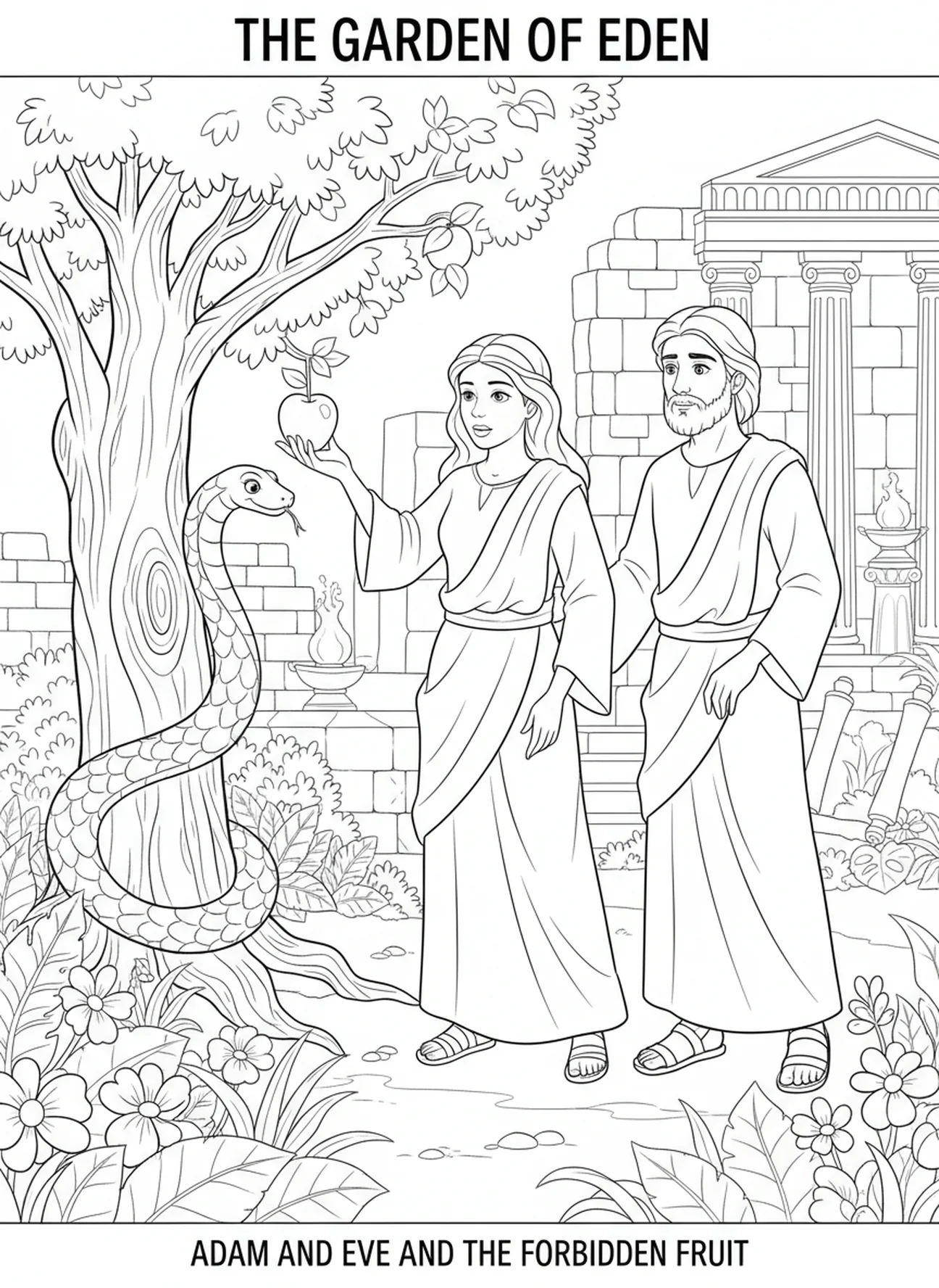Eve reaching for fruit, Adam And Eve coloring page for Sunday school children age 5-12.