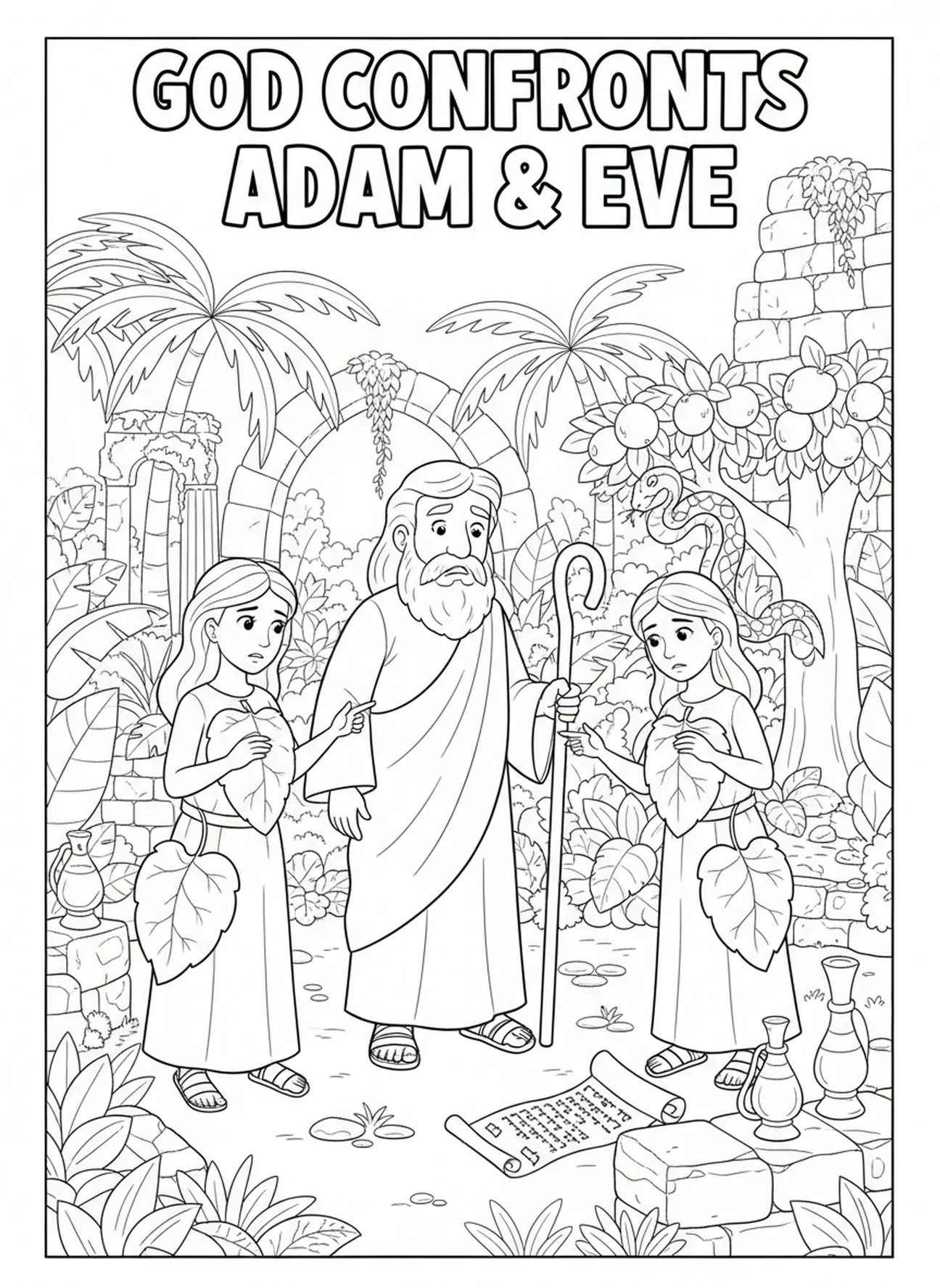 God confronting Adam and Eve, Adam And Eve coloring page for Sunday school children age 5-12.