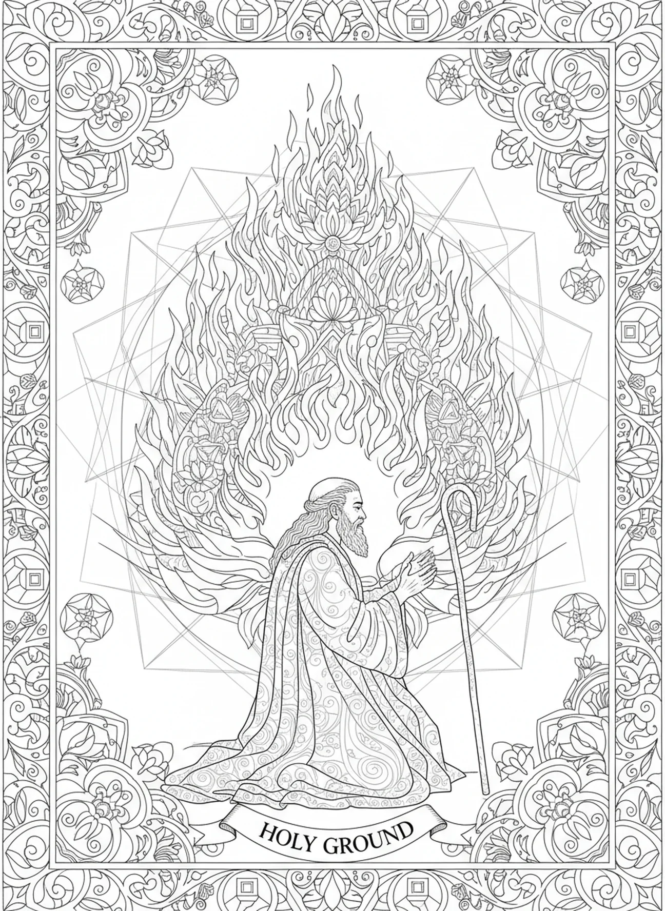 Moses vor dem brennenden Busch, Ausmalbild von Baby Moses im Stil des Bibeljournaling für Erwachsene