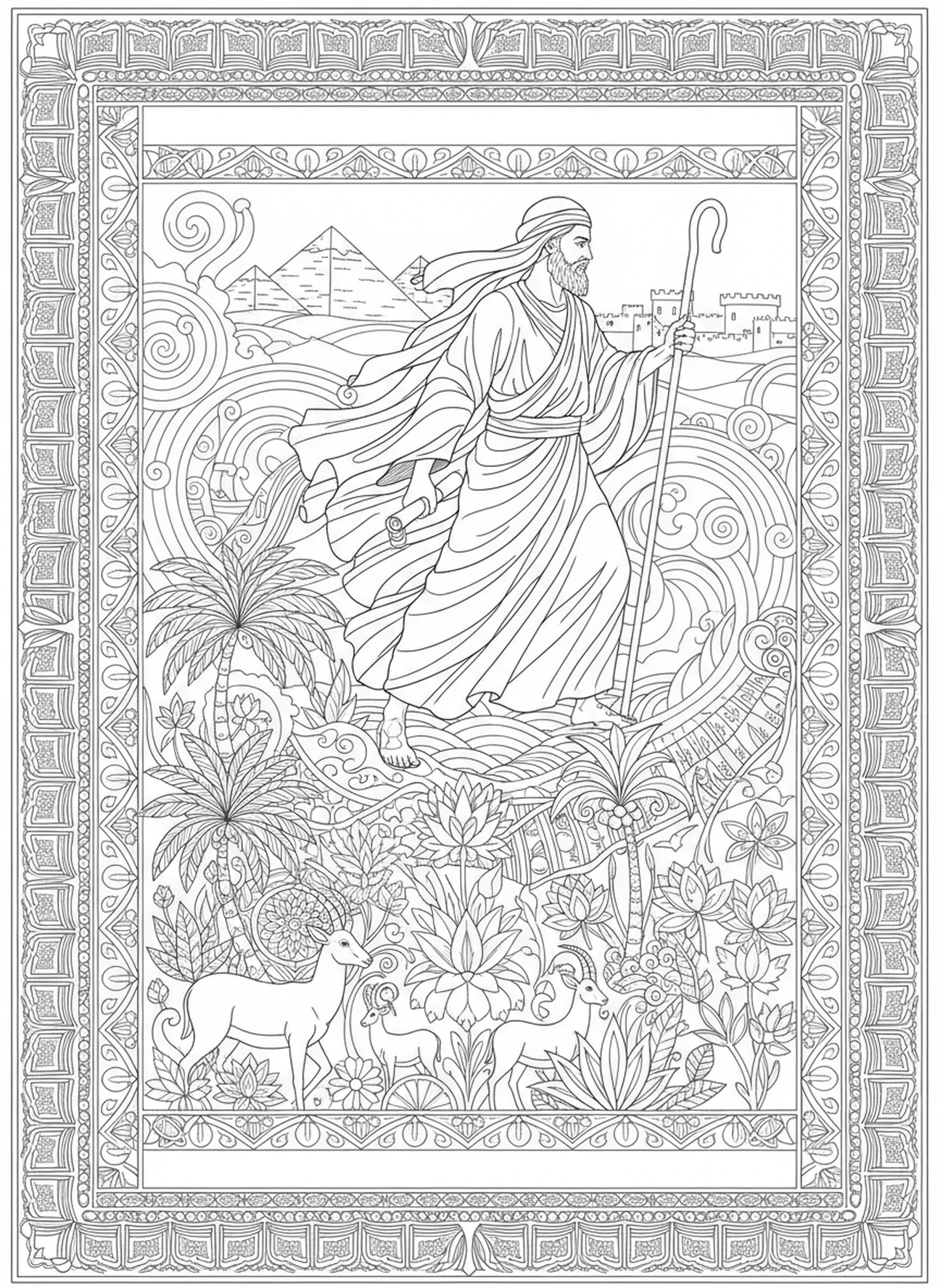 Moses flieht aus Ägypten, Ausmalbild von Baby Moses im Stil des Bibel-Journalings für Erwachsene