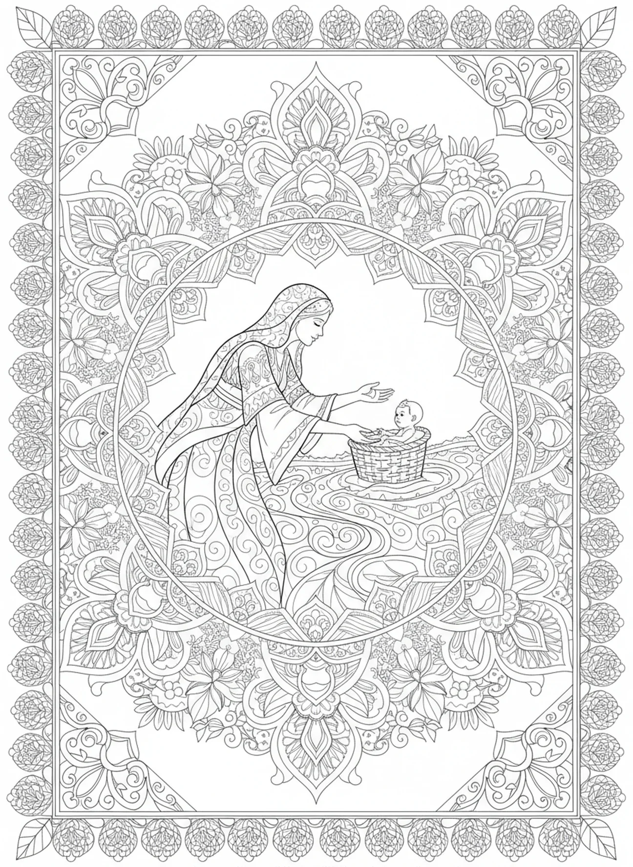 Die Tochter des Pharao entdeckt das Baby Moses, Ausmalbild für Erwachsene im Bibel-Journaling-Stil