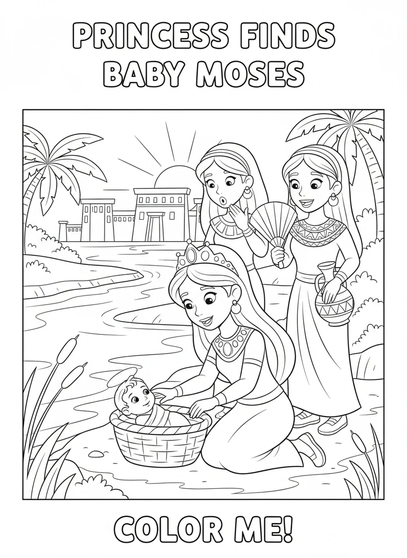 Una princesa descubriendo al bebé Moisés en la canasta, página para colorear del bebé Moisés para niños de 5 a 10 años