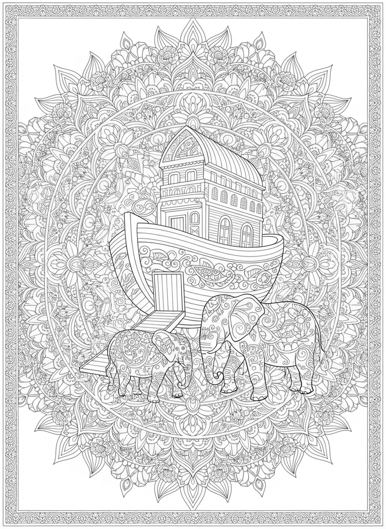 Pair of elephants boarding ark, Books Of Bible coloring page for adults Bible journaling style