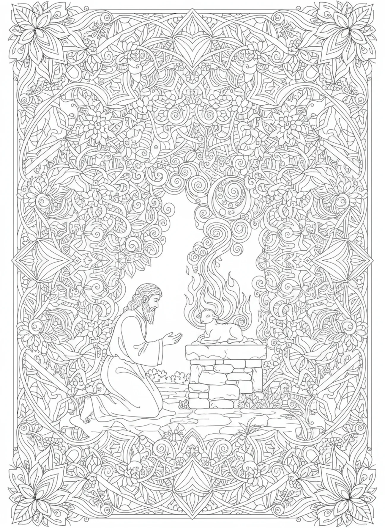 Noah at altar offering sacrifice, Books Of Bible coloring page for adults Bible journaling style