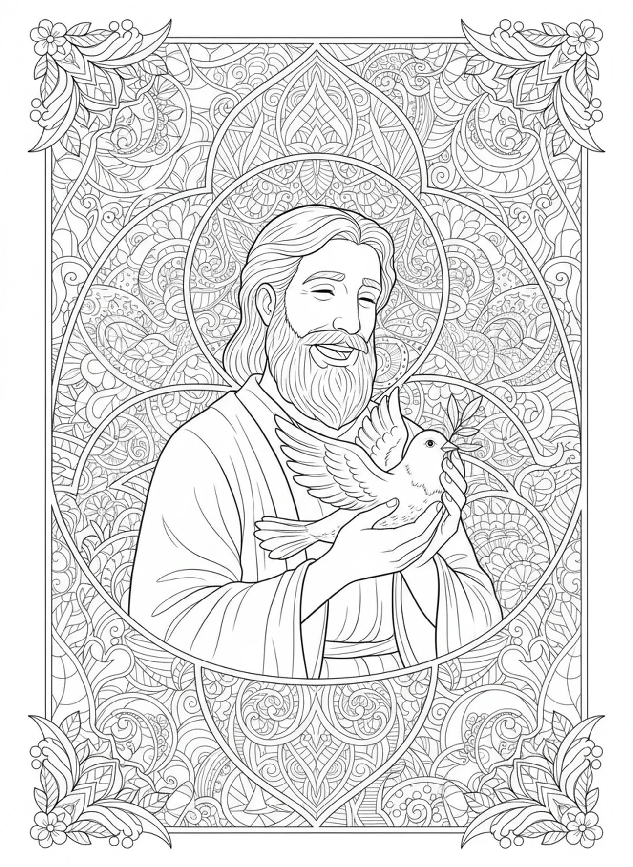 Noah with dove and olive branch, Books Of Bible coloring page for adults Bible journaling style