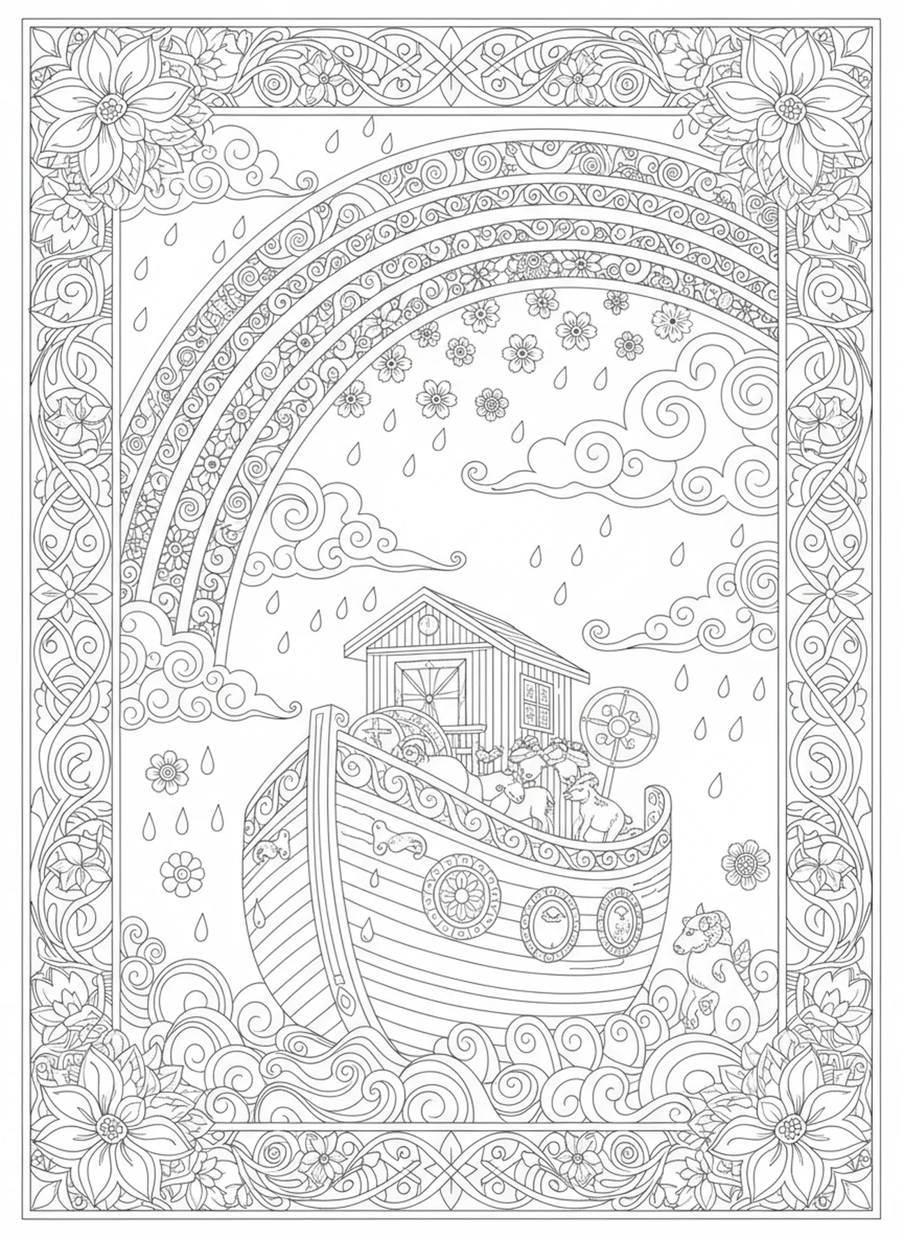Rainbow arching over ark, Books Of Bible coloring page for adults Bible journaling style