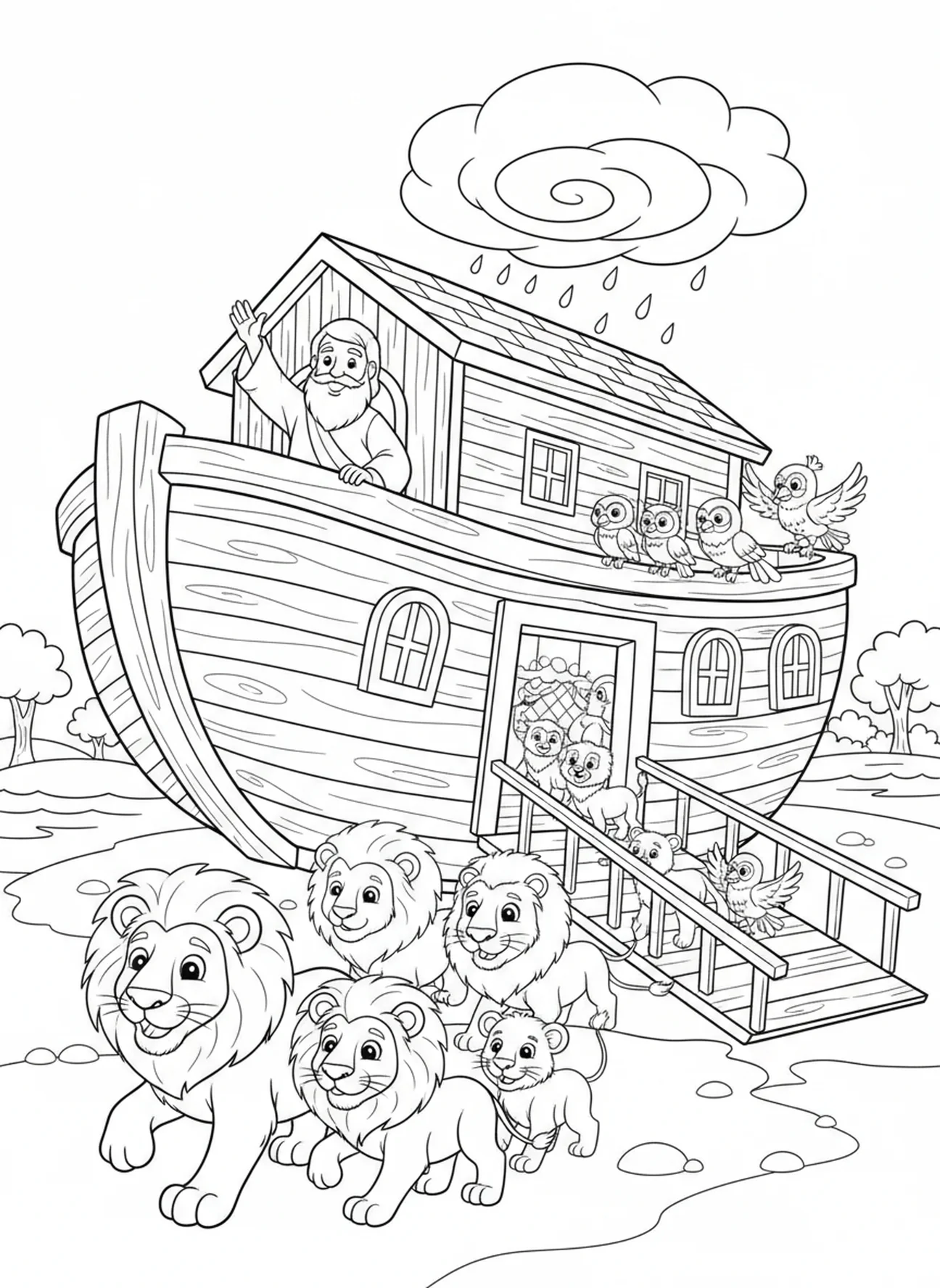 Lions and birds boarding the ark, Books Of Bible coloring page for kids age 5-10