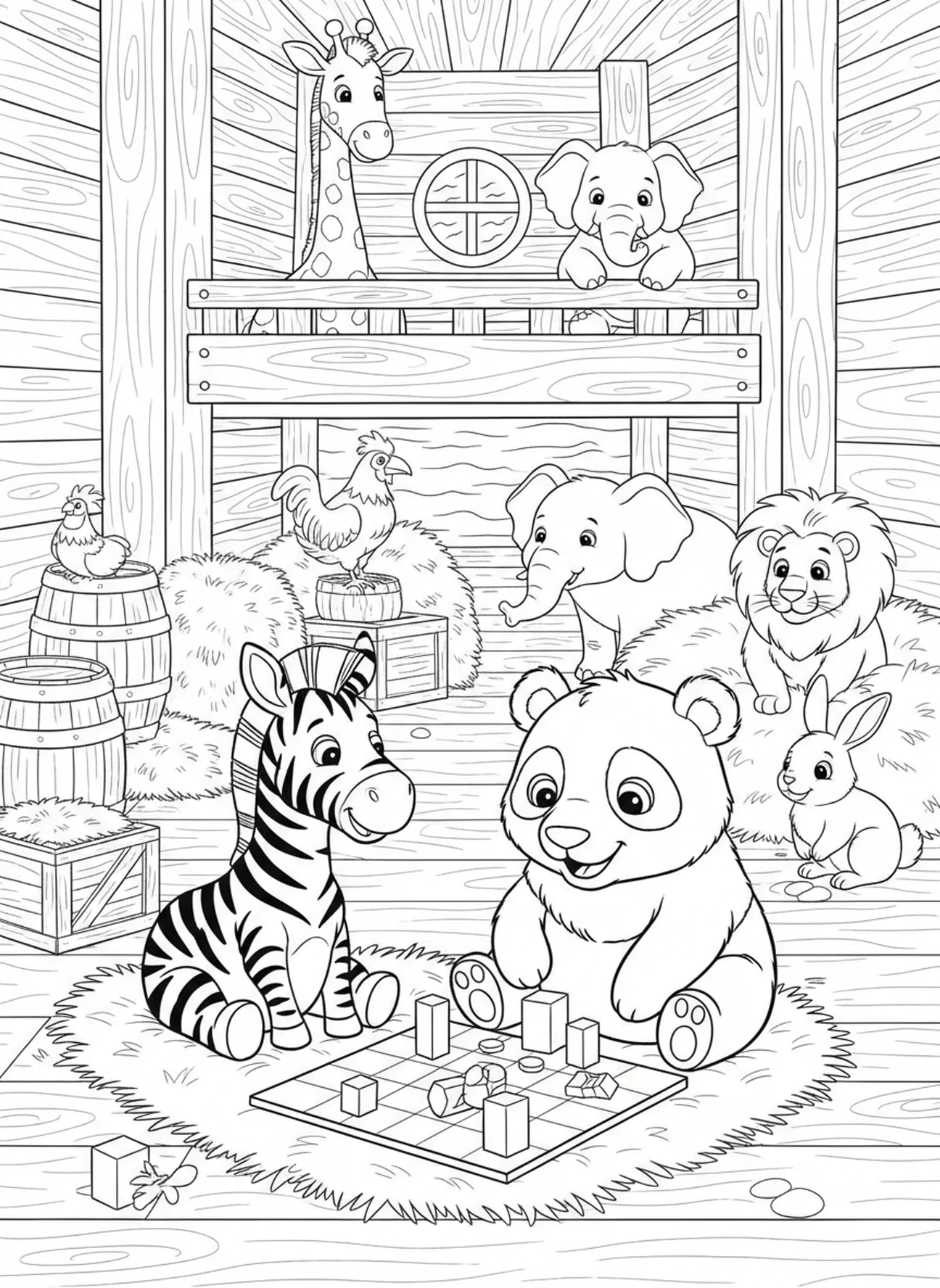 Zebra and panda playing inside the ark, Books Of Bible coloring page for kids age 5-10