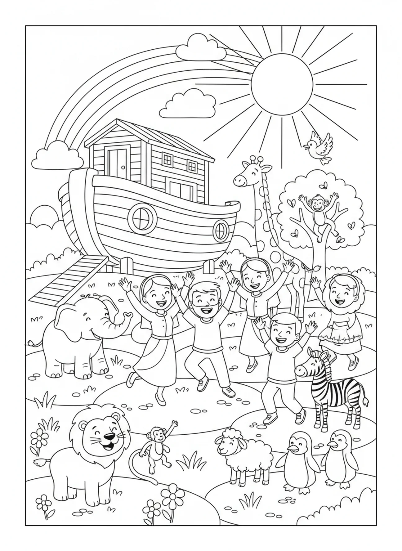 Noah and family celebrating, Books Of Bible coloring page for kids age 5-10