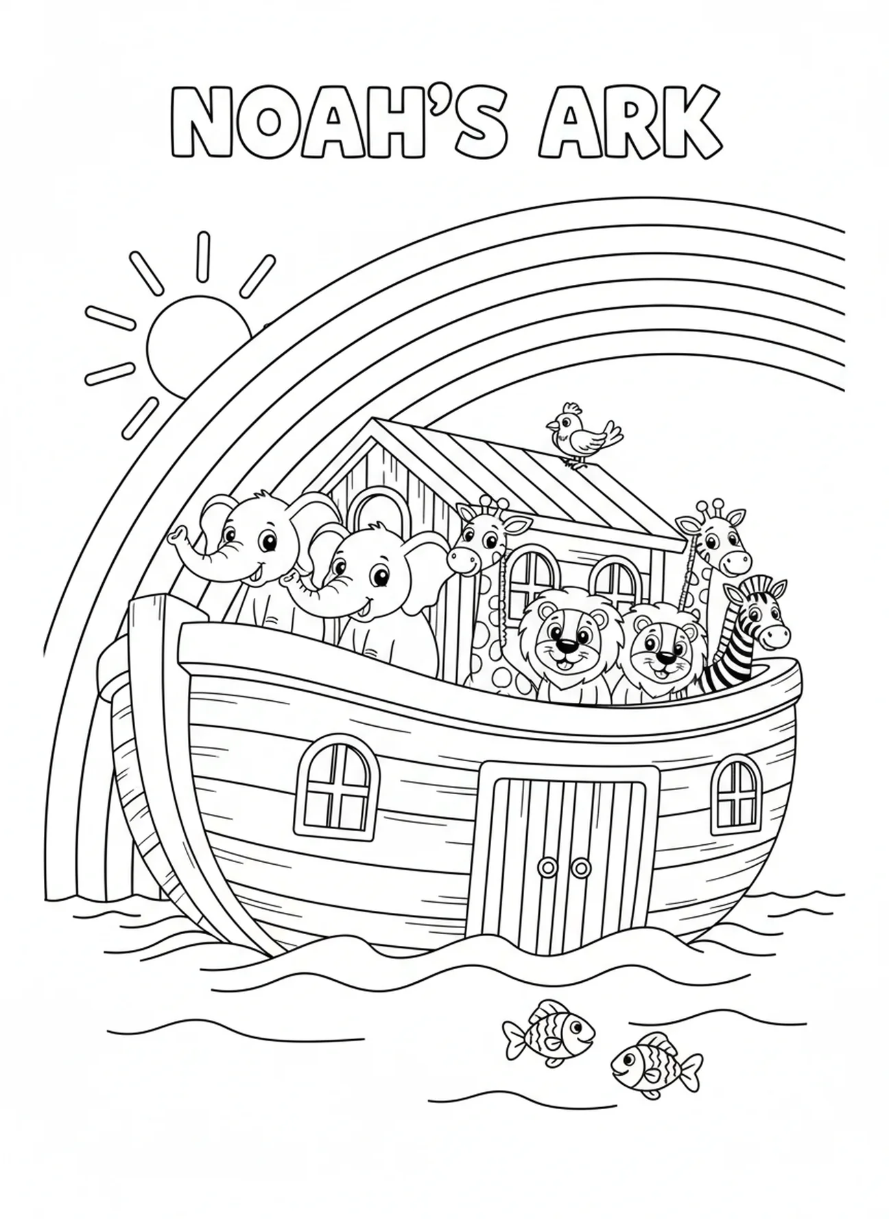 Rainbow arching over the ark, Books Of Bible coloring page for kids age 5-10