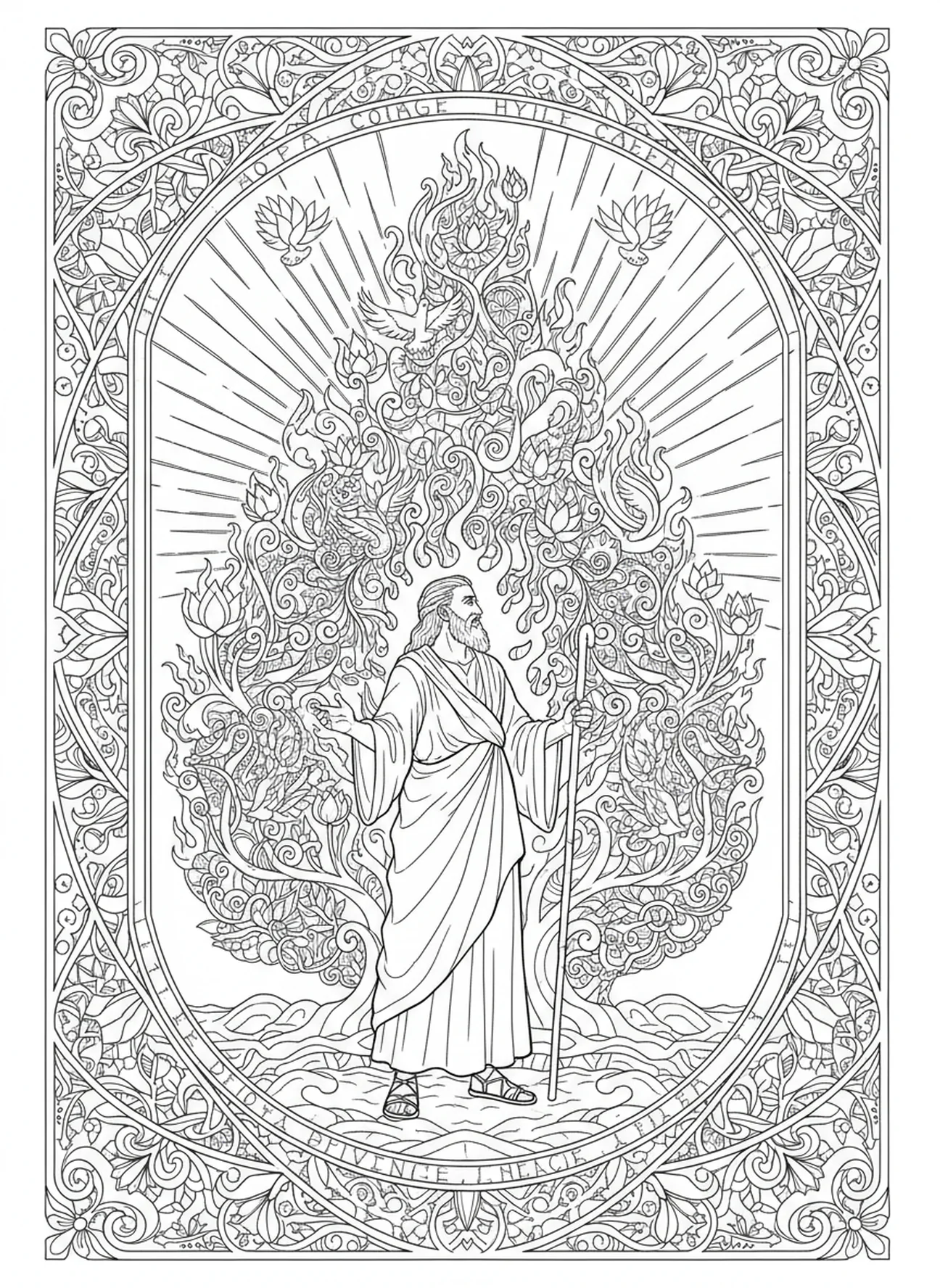 Moses accepting his mission at the burning bush, Burning Bush coloring page for adults Bible journaling style