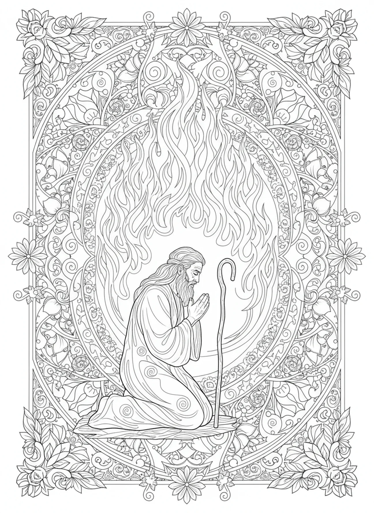 Divine calling from the burning bush, Burning Bush coloring page for adults Bible journaling style