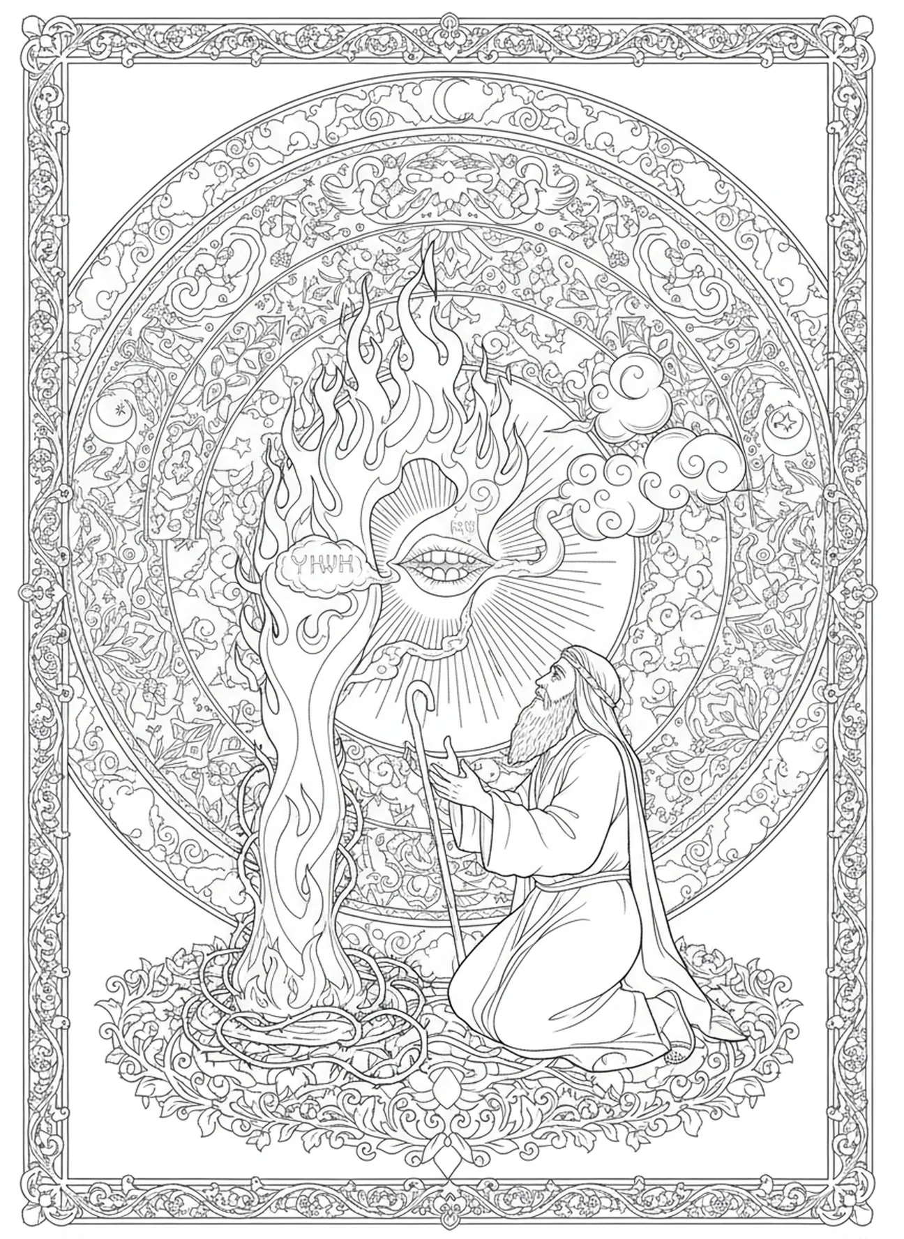 Heavenly voice from the burning bush, Burning Bush coloring page for adults Bible journaling style