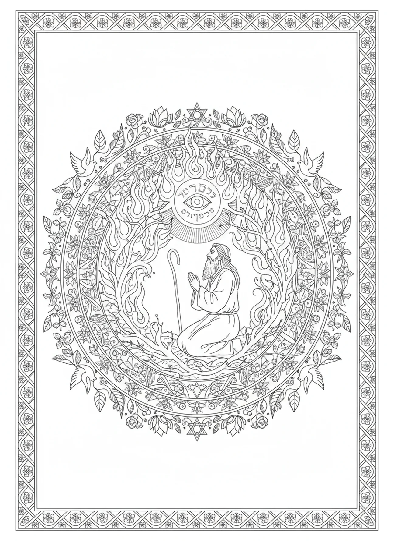 Moses communicating with the burning bush, Burning Bush coloring page for adults Bible journaling style