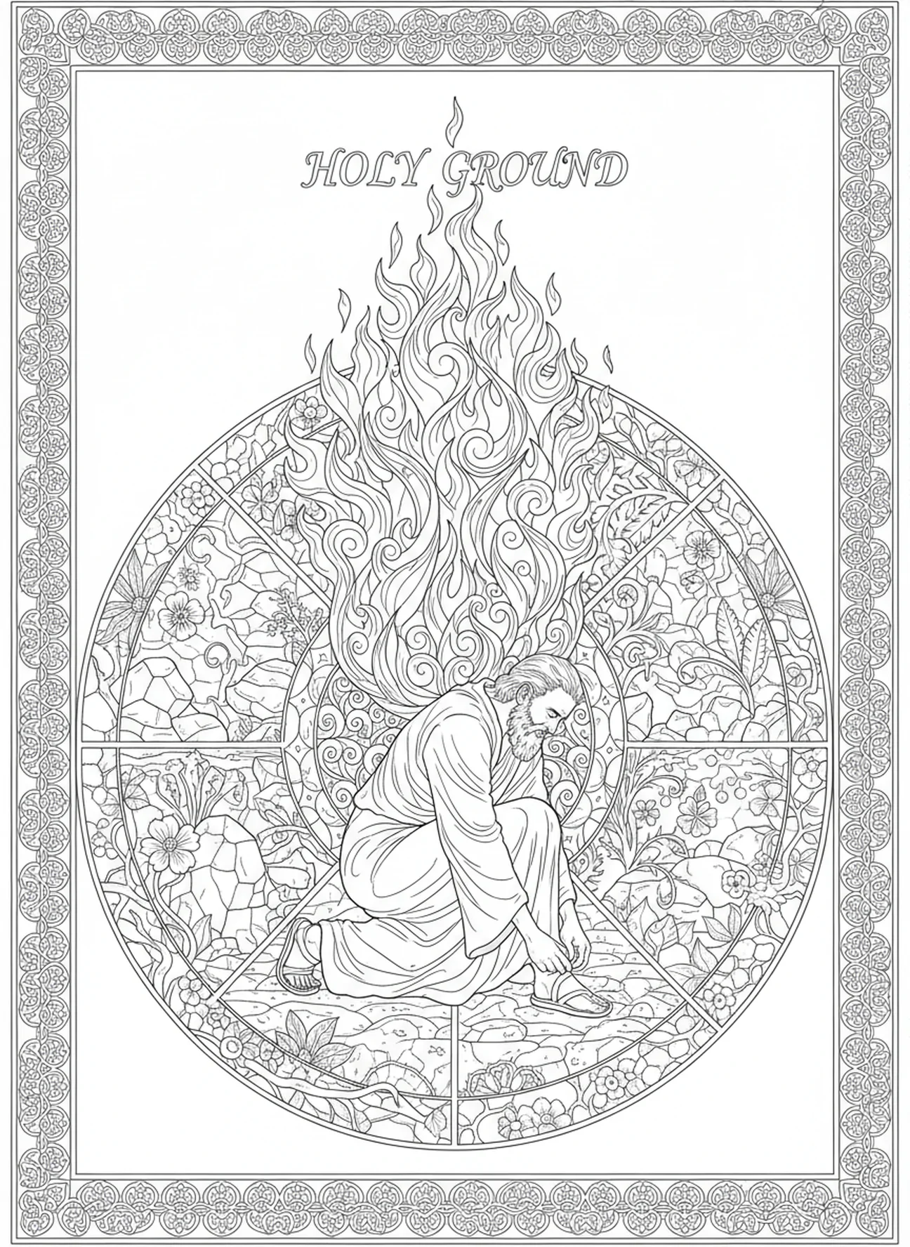 Moses removing sandals before the burning bush, Burning Bush coloring page for adults Bible journaling style