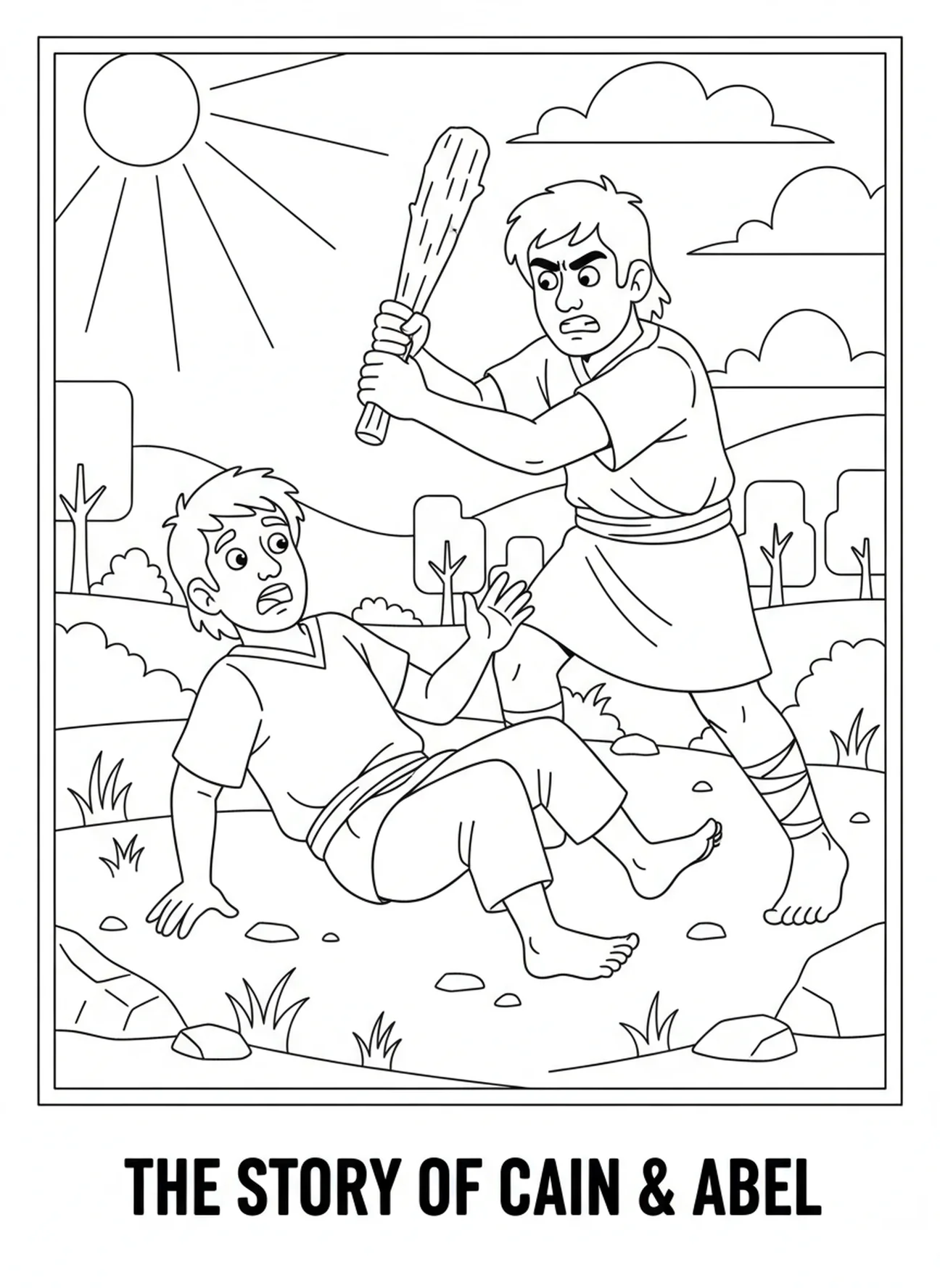 Abel falling to the ground, Cain And Abel coloring page for kids age 5-10.