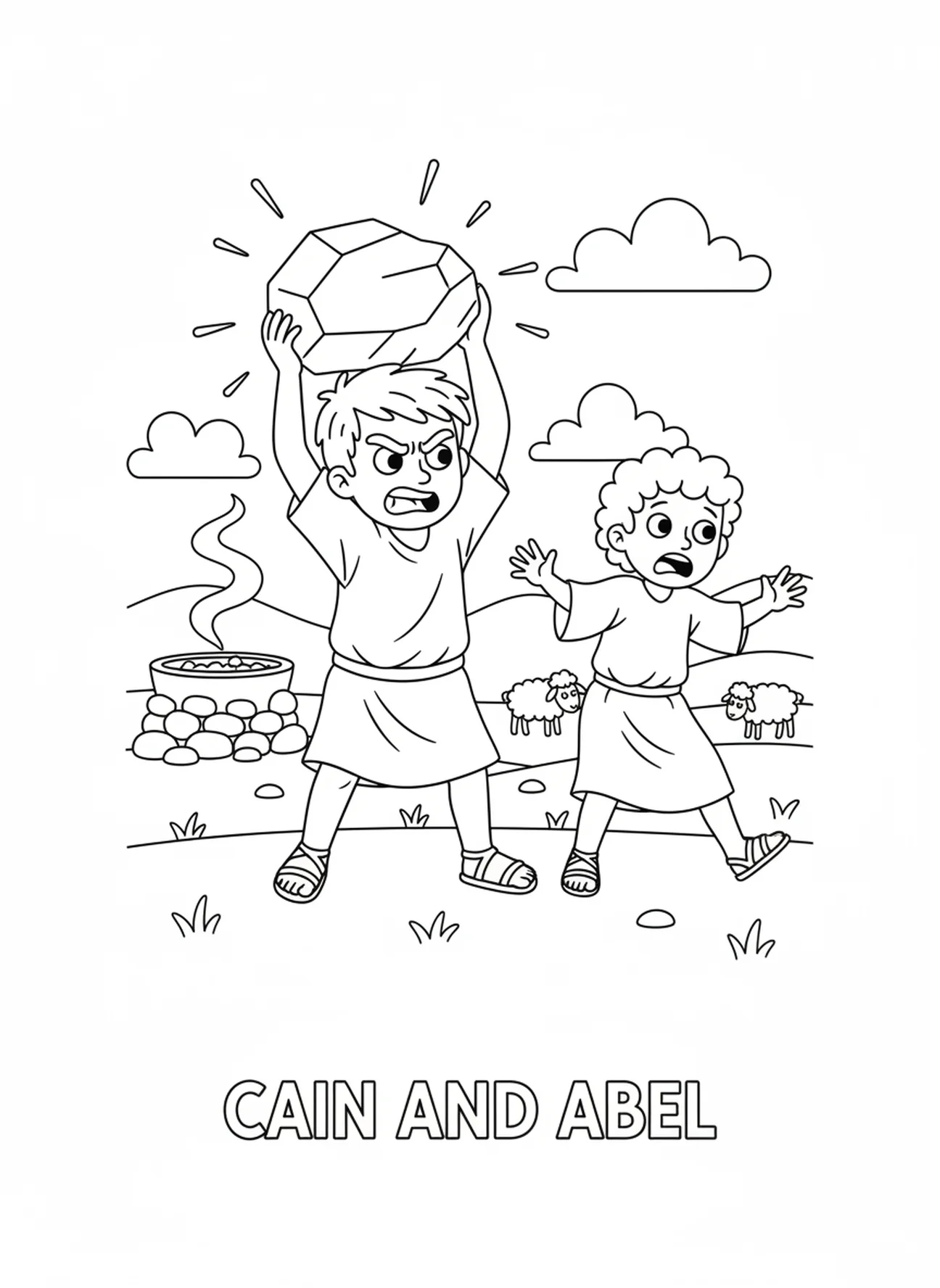Cain with a rock in the field, Cain And Abel coloring page for kids age 5-10.