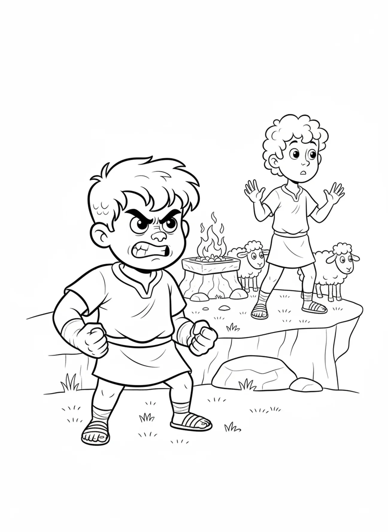 Cain showing anger towards Abel, Cain And Abel coloring page for kids age 5-10.