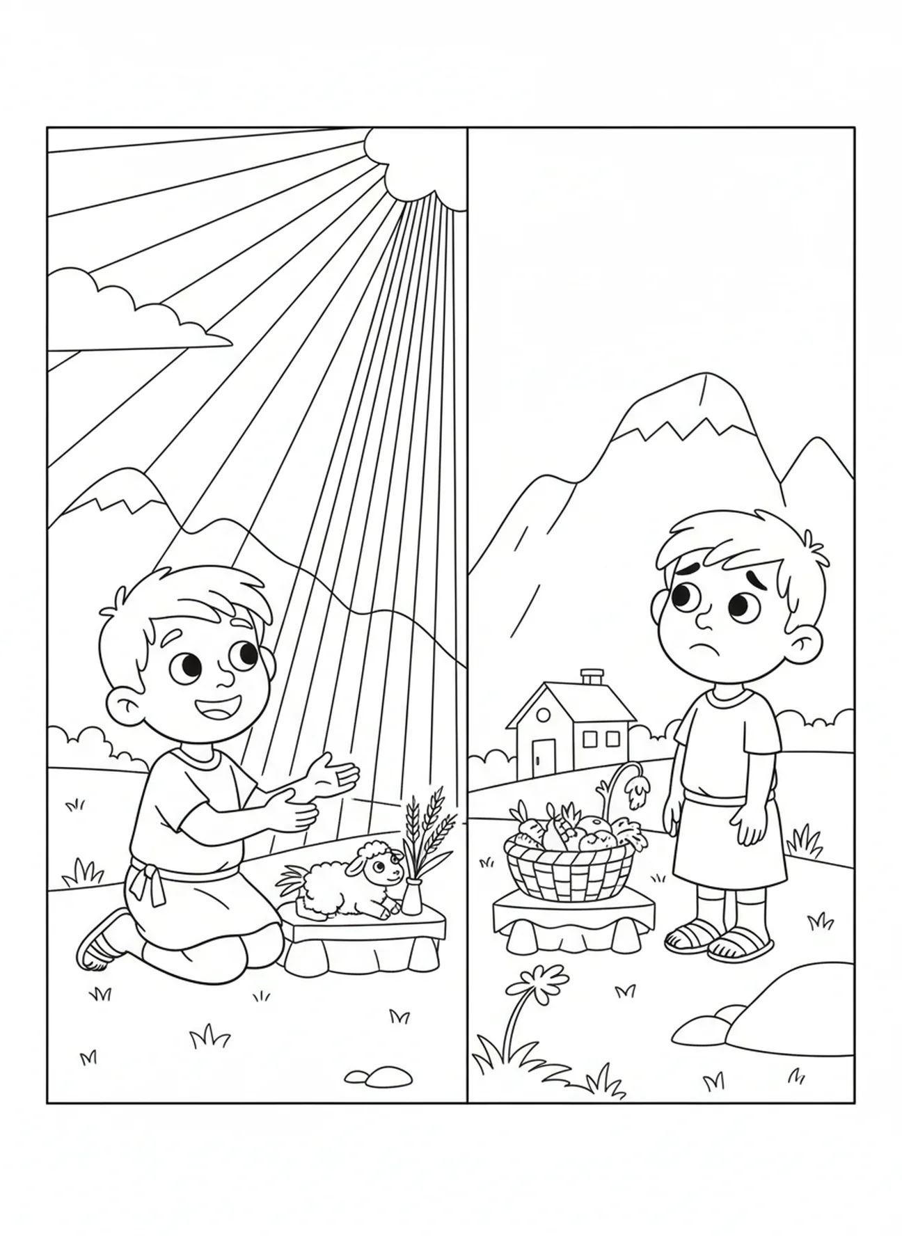 Light shining on Abel's offering, Cain And Abel coloring page for kids age 5-10.