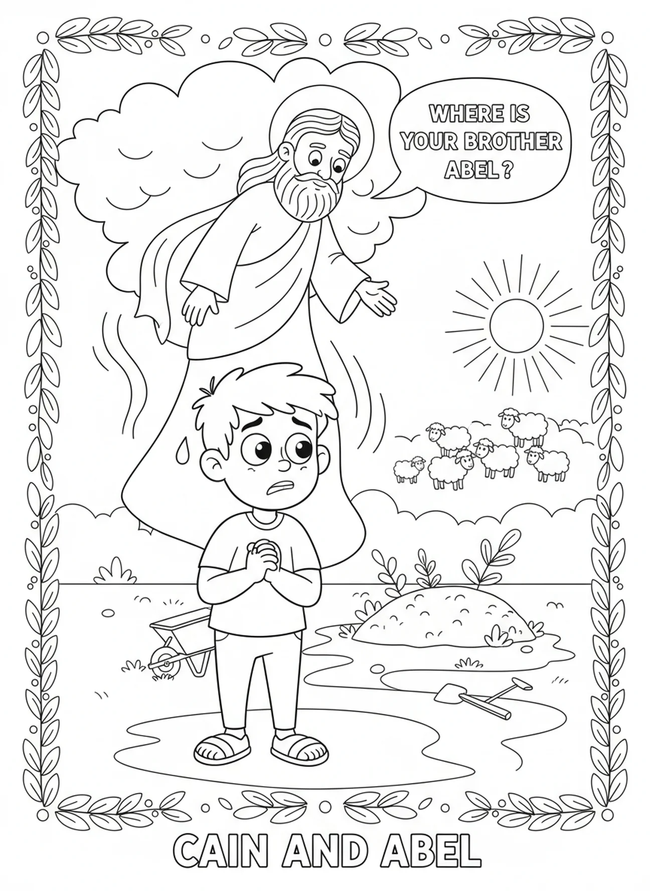 God confronting Cain about Abel, Cain And Abel coloring page for kids age 5-10.
