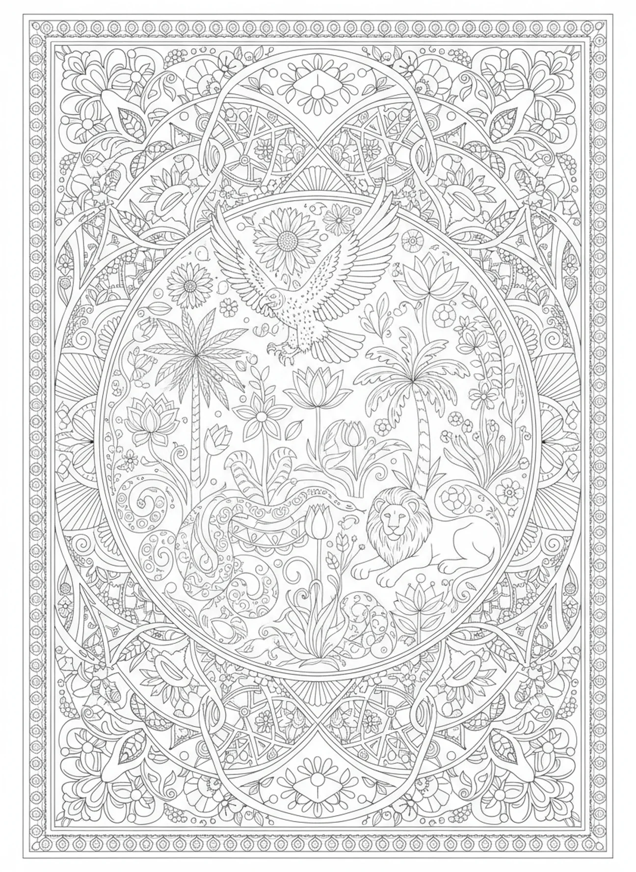 Variety of flora and fauna, Creation coloring page for adults Bible journaling style.