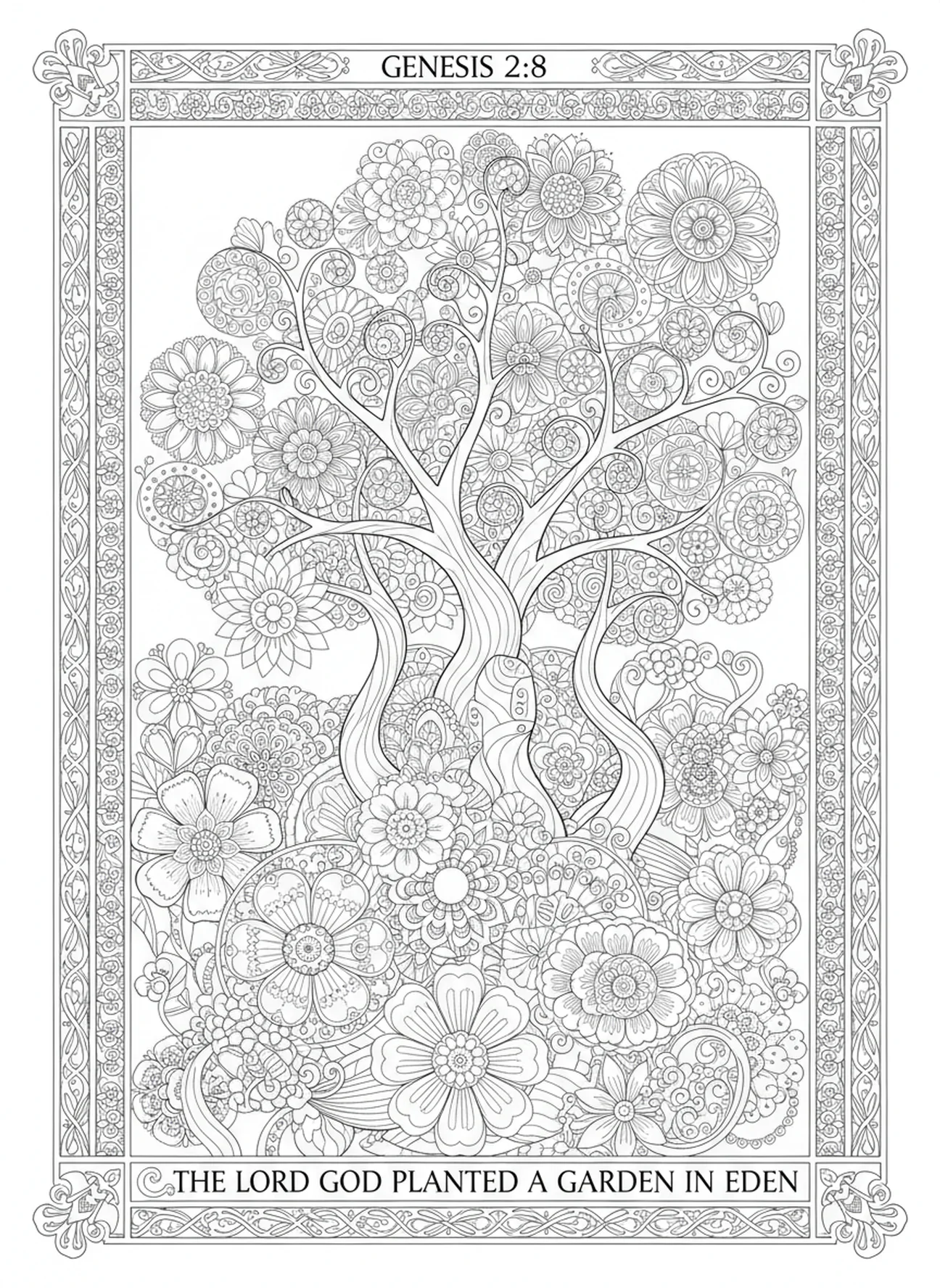 Lush Garden of Eden, Creation coloring page for adults Bible journaling style.