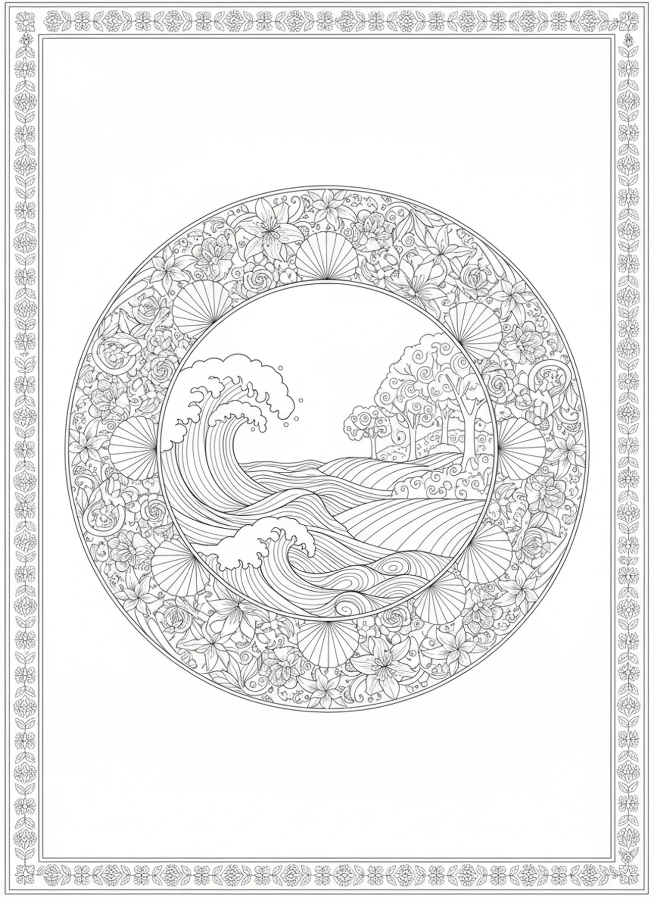 Rolling waves and lush landscapes, Creation coloring page for adults Bible journaling style.