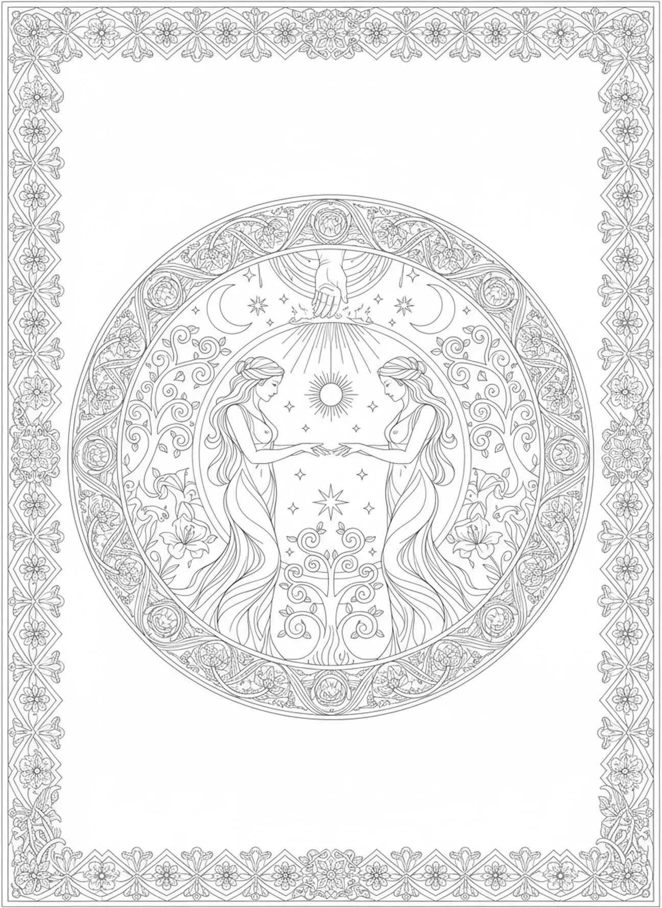 Man and woman in creation, Creation coloring page for adults Bible journaling style.