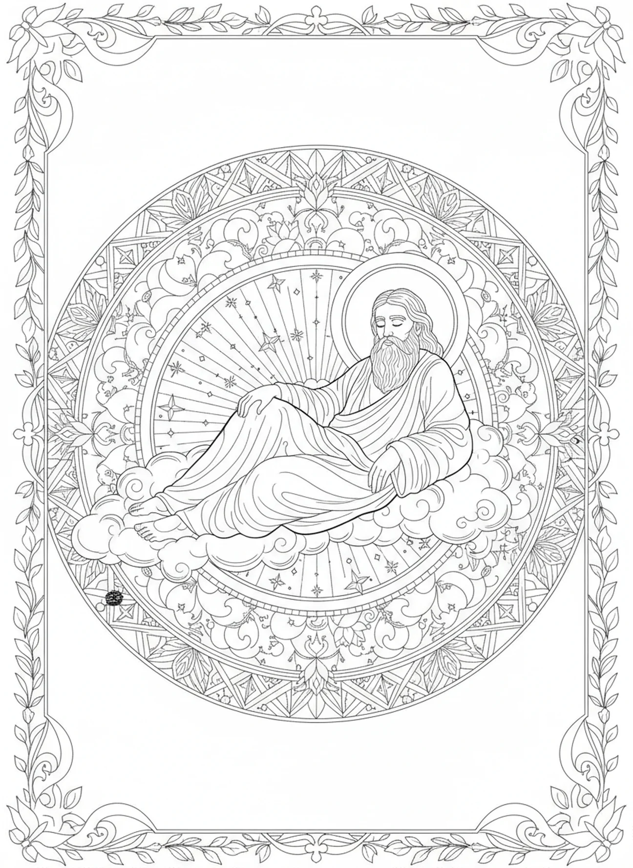 God resting on the seventh day, Creation coloring page for adults Bible journaling style.