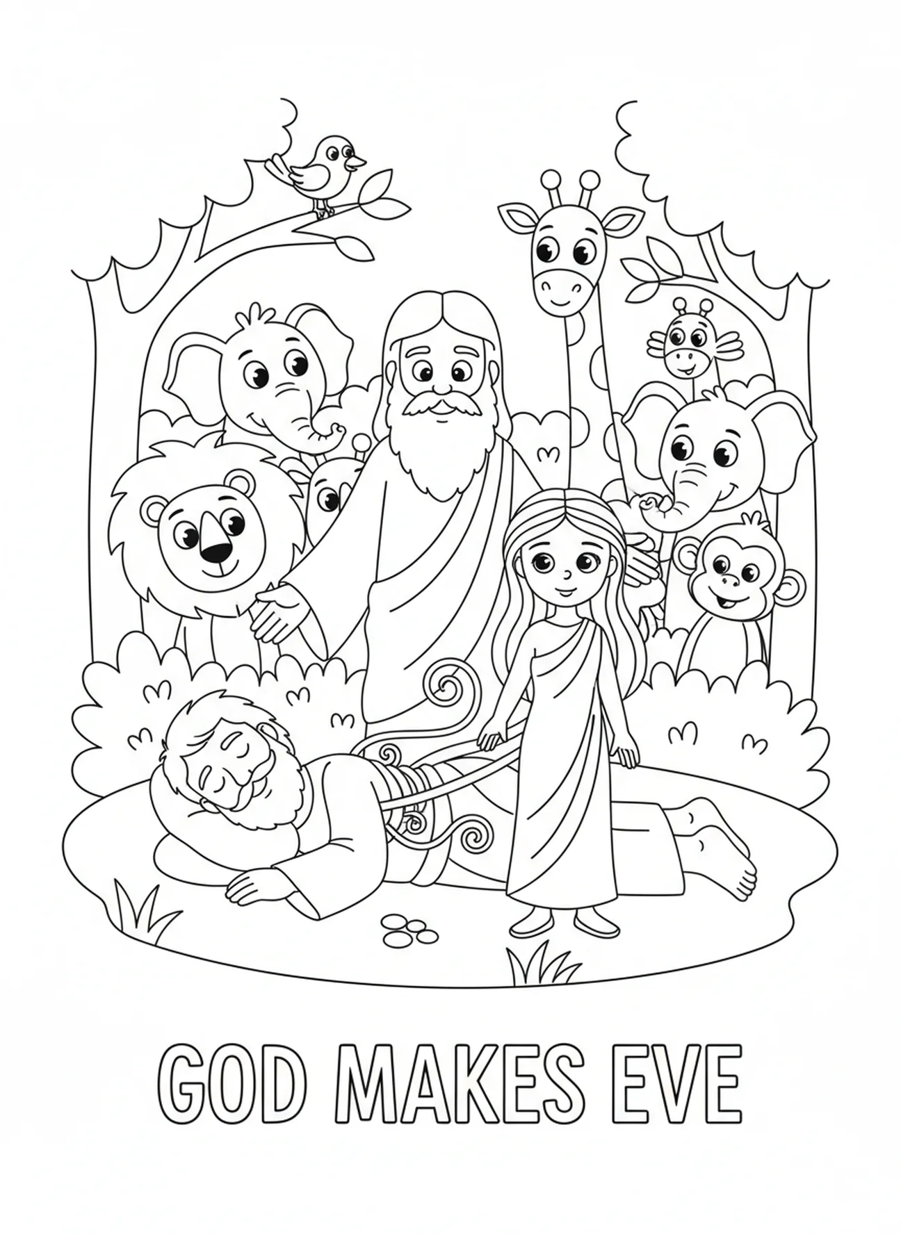 Gott erschafft Eva, Ausmalbild zur Schöpfung für Kinder im Alter von 5-10 Jahren
