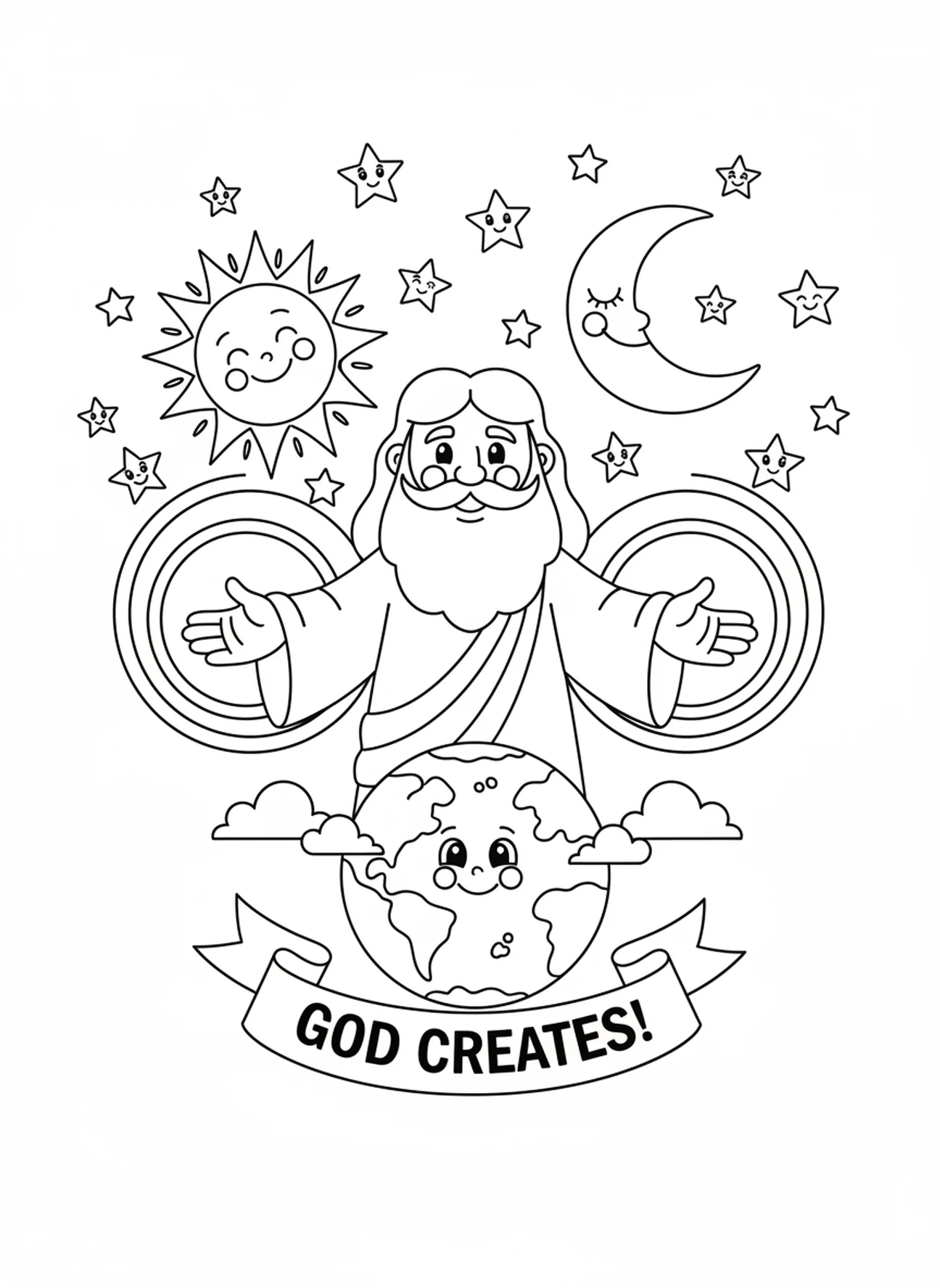 Sonne und Mond mit Sternen, Ausmalbild zur Schöpfung für Kinder im Alter von 5-10 Jahren