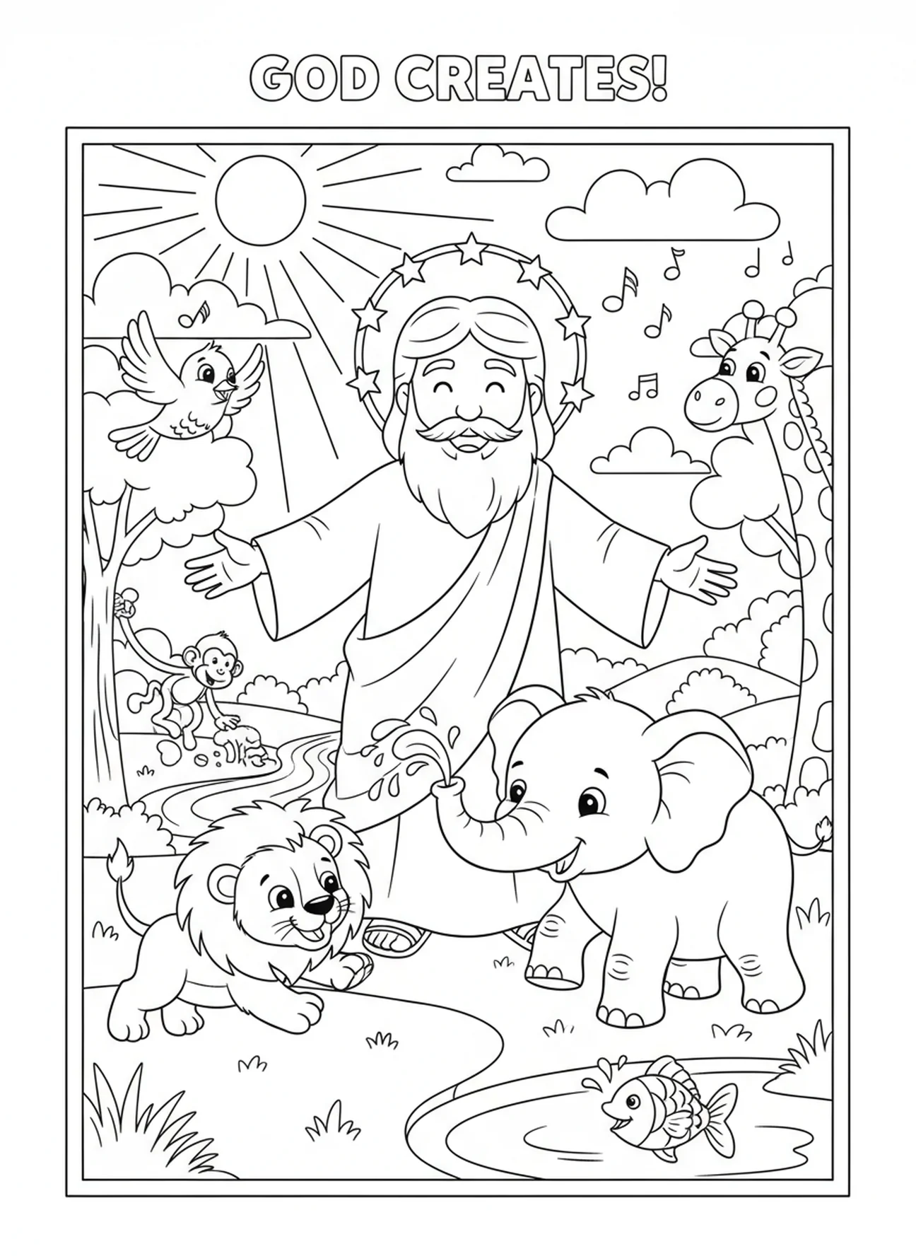Tiere um Gott, Ausmalbild zur Schöpfung für Kinder im Alter von 5-10 Jahren