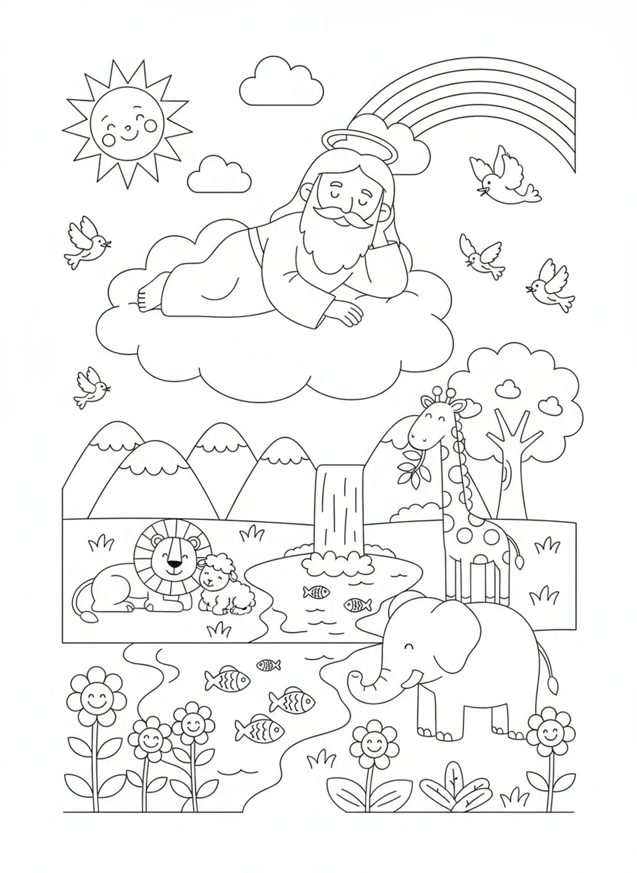 Gott ruht am siebten Tag, Ausmalbild zur Schöpfung für Kinder im Alter von 5-10 Jahren