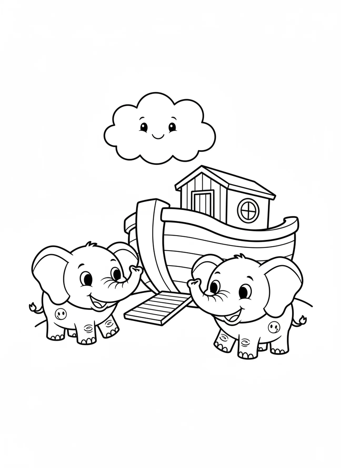 Ein Paar lächelnde Elefanten, Ausmalbild zur Schöpfung für Vorschulkinder im Alter von 3-5 Jahren