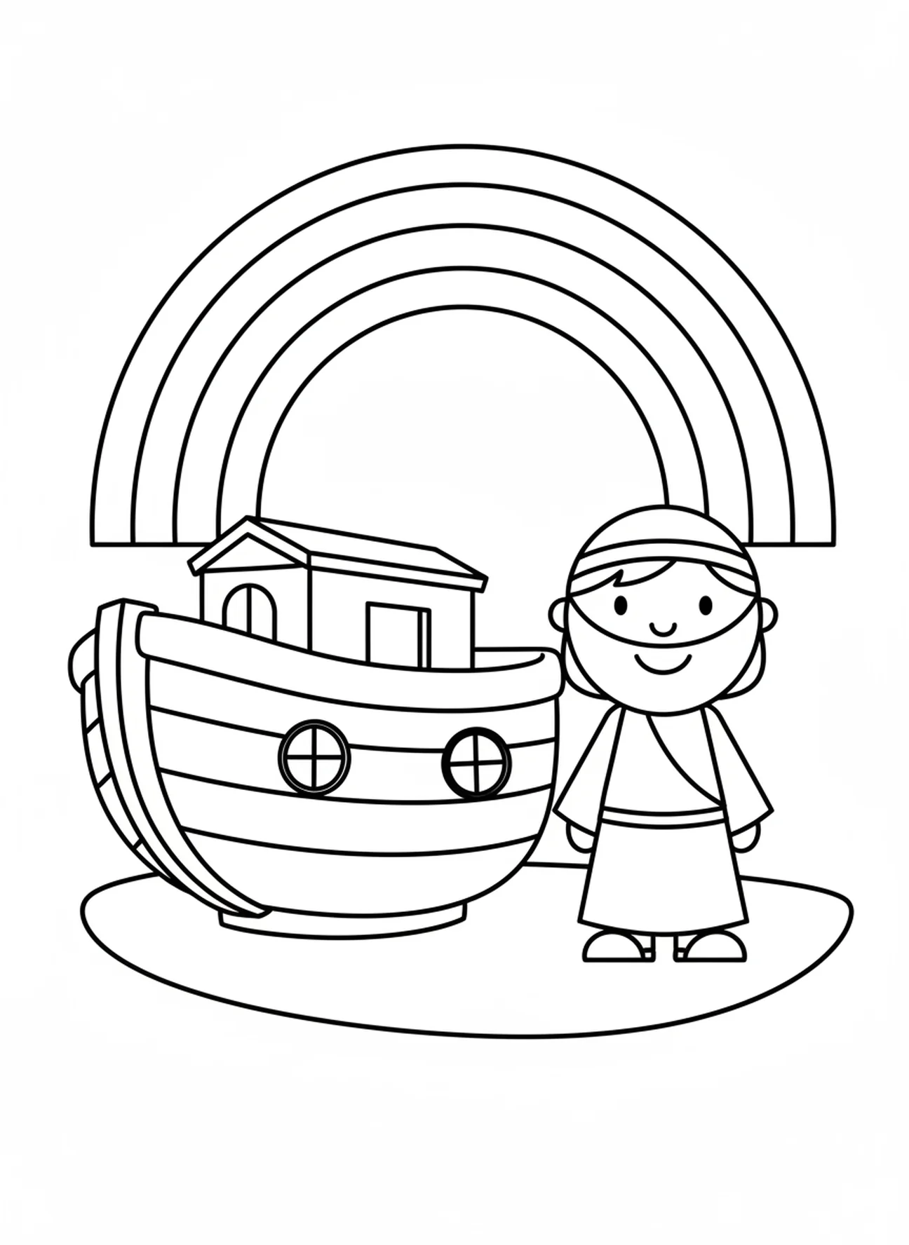 Lächelnder Noah unter einem Regenbogen, Ausmalbild zur Schöpfung für Vorschulkinder im Alter von 3-5 Jahren