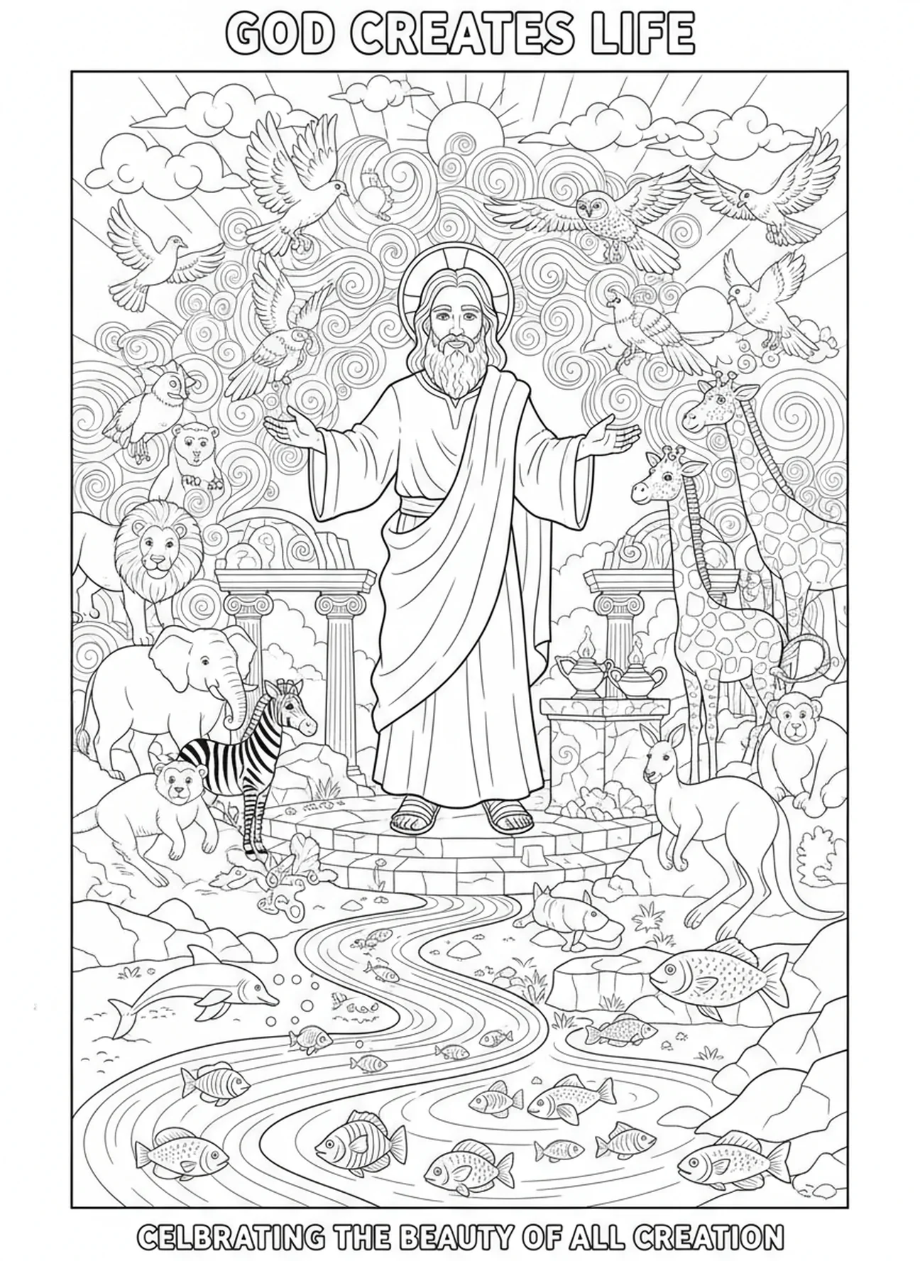 Dieu créant des animaux, page à colorier sur la Création pour les enfants de l'École du dimanche âgés de 5 à 12 ans.