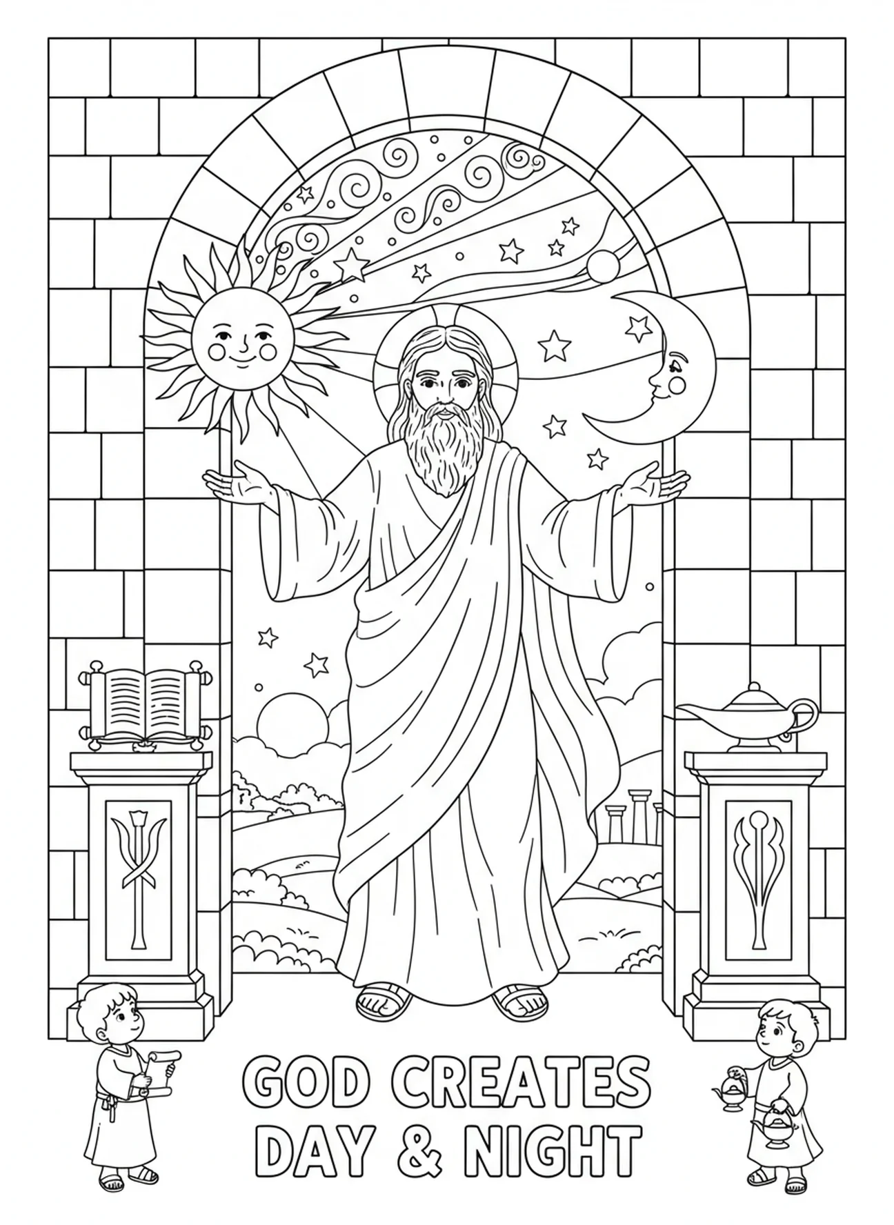 Dieu créant le soleil et la lune, page à colorier sur la Création pour les enfants de l'École du dimanche âgés de 5 à 12 ans.