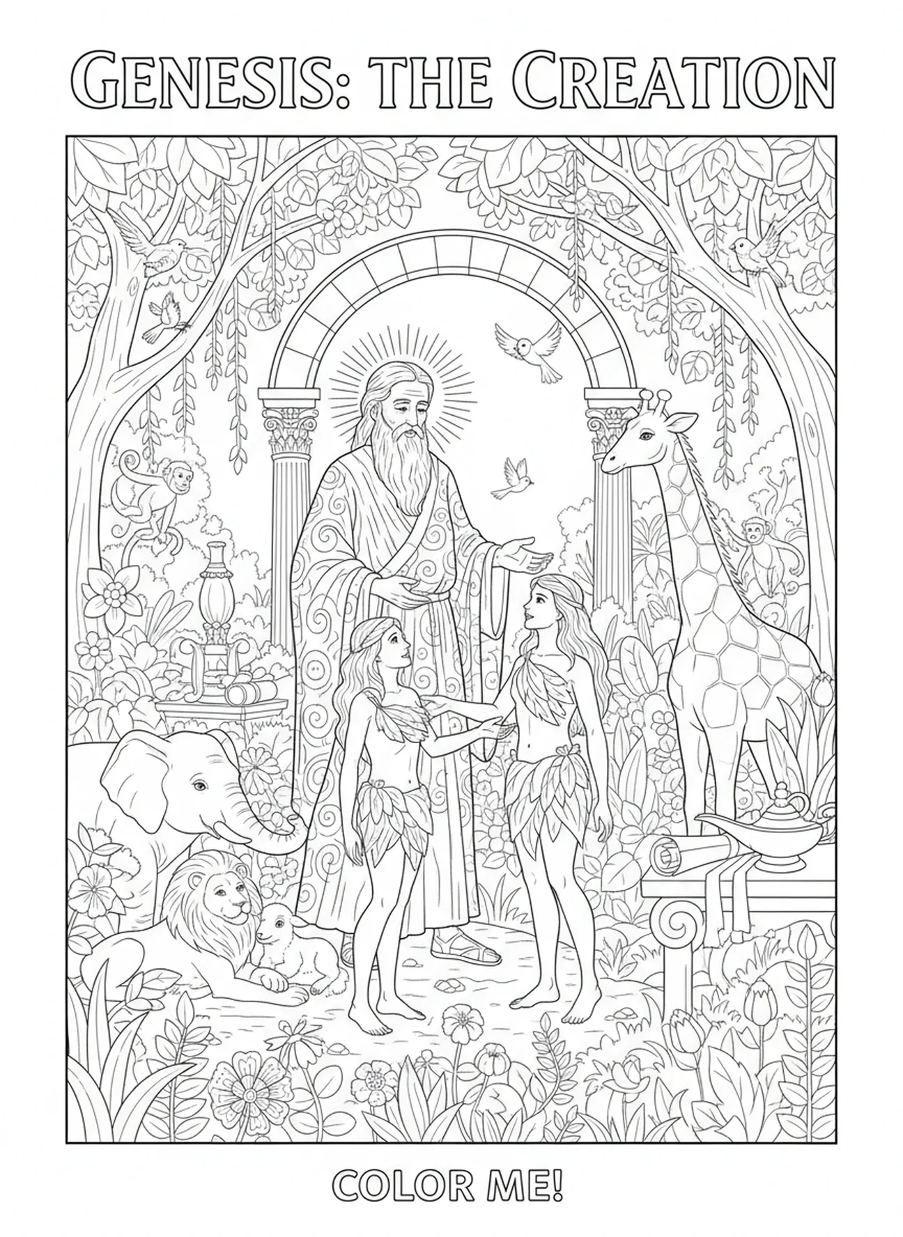 Dieu créant des humains, page à colorier sur la Création pour les enfants de l'École du dimanche âgés de 5 à 12 ans.